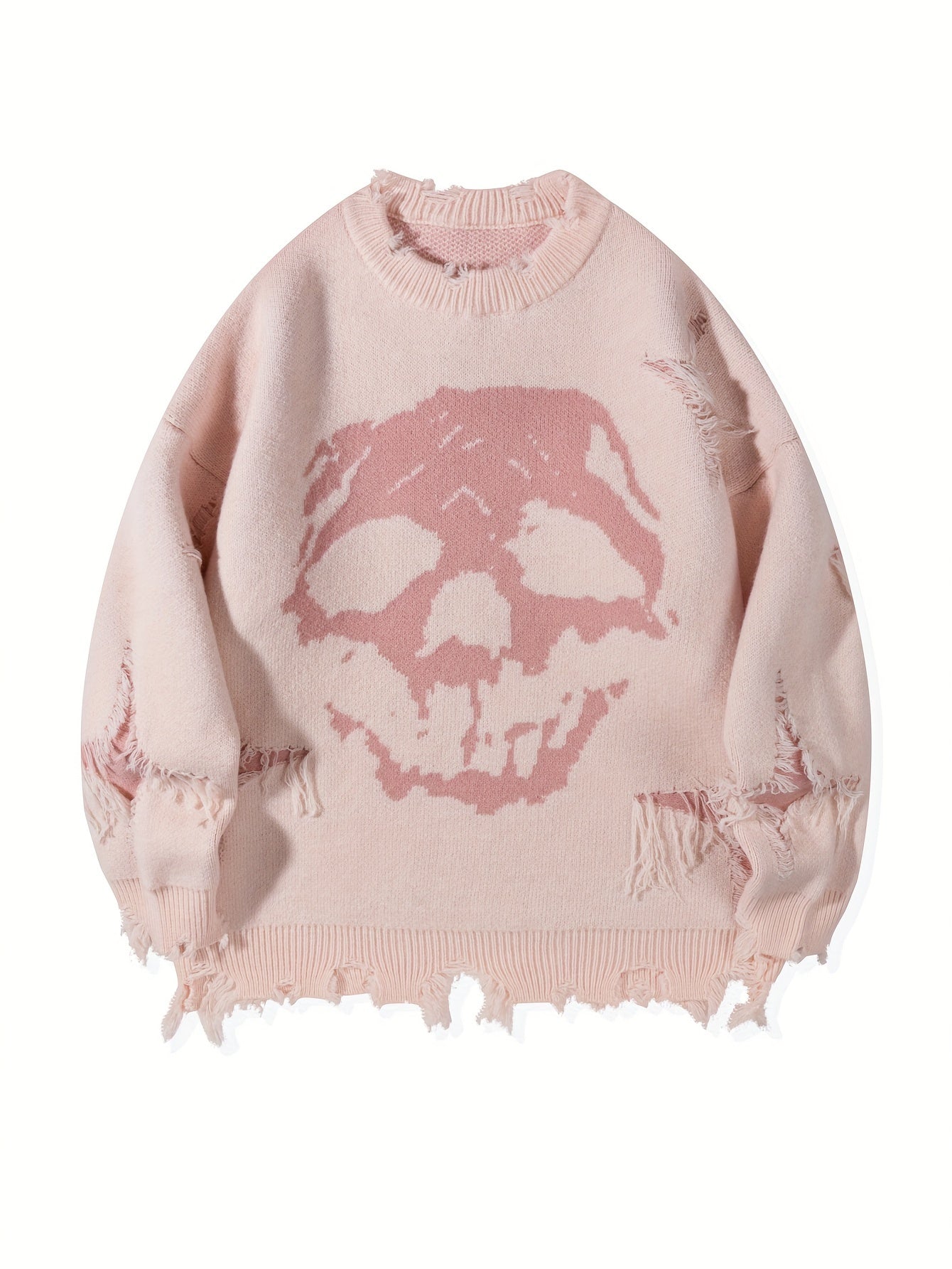 Men's Stylish Skull Pattern Knitted Pullover, Casual Breathable Long Sleeve Crew Neck Top For City Walk Street Hanging Outdoor Activities