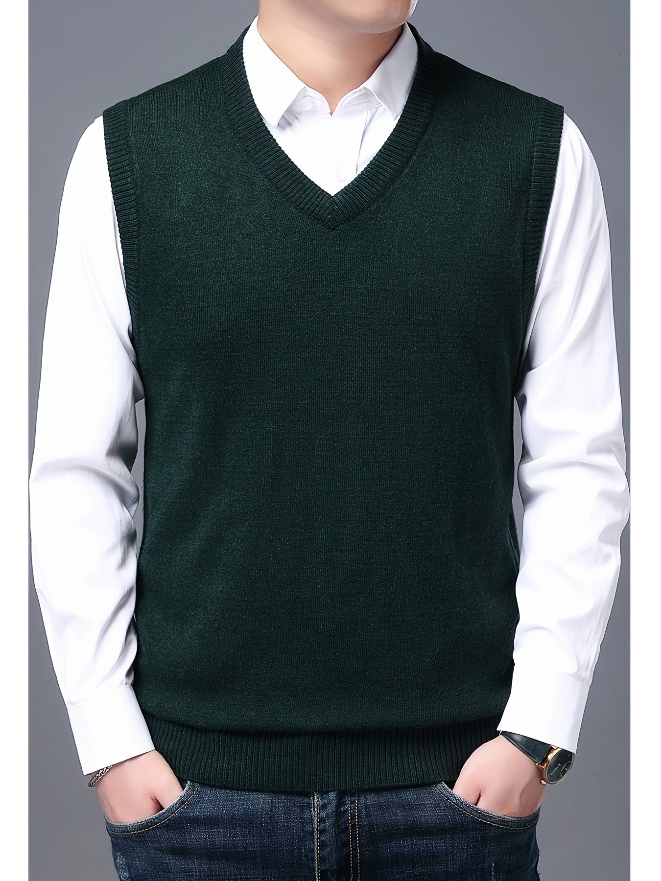 Elegant Slightly Stretch Vest, Men's Casual Vintage Style V Neck Sweater Vest For Fall Winter