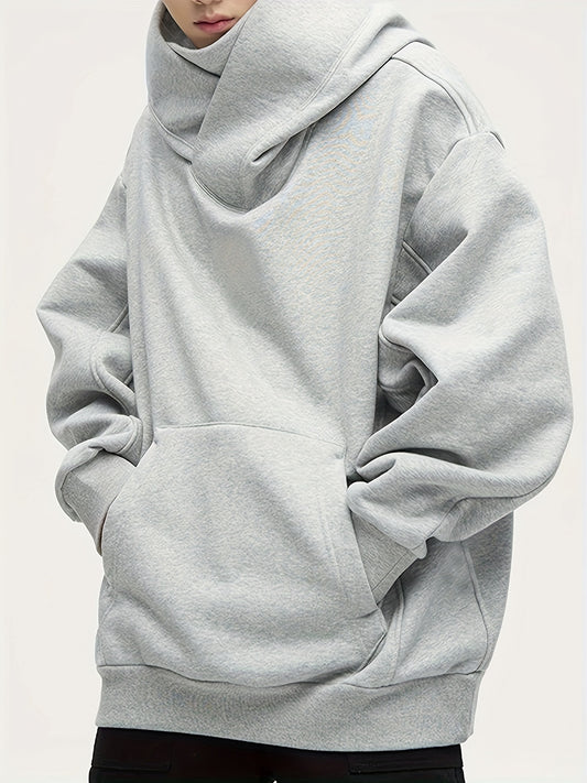 Oversize Men's Solid Fleece Hooded Turtle Neck And Long Sleeve Sweatshirt With Drop Shoulder, Trendy And Fashionable Hoodie For Leisurewear