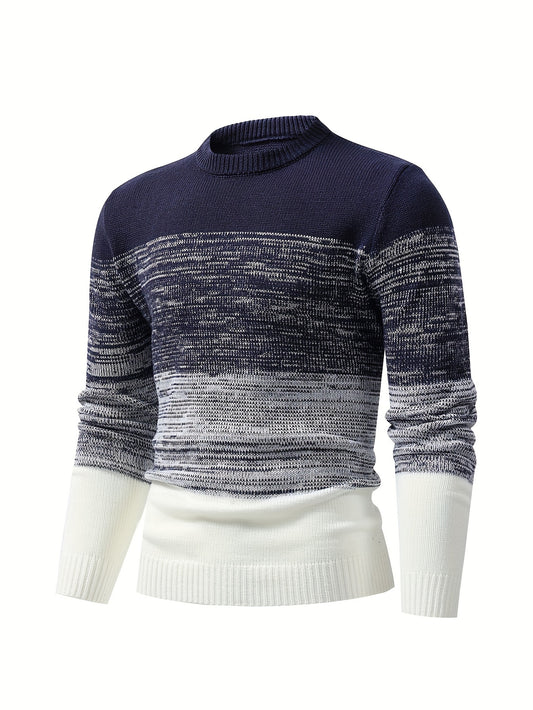 Men's Stylish Loose Color-block Knitted Sweater, Casual Mid Stretch Breathable Long Sleeve Crew Neck Top For City Walk Street Hanging Outdoor Activities