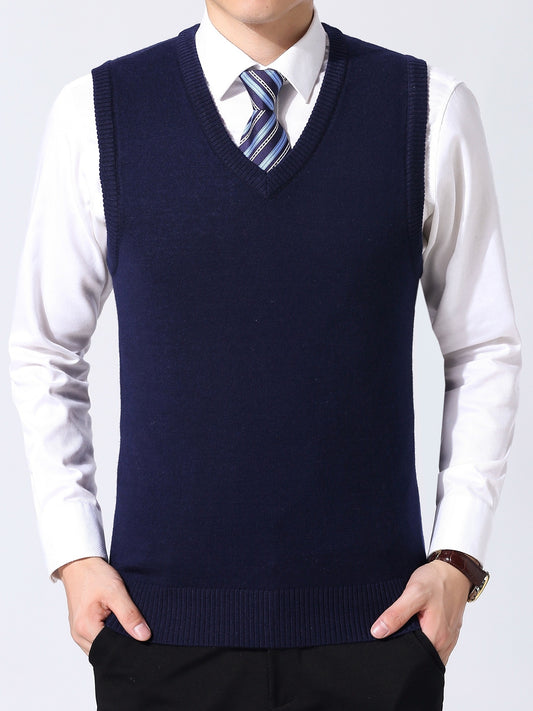 Elegant Slightly Stretch Vest, Men's Casual Vintage Style V Neck Sweater Vest For Fall Winter