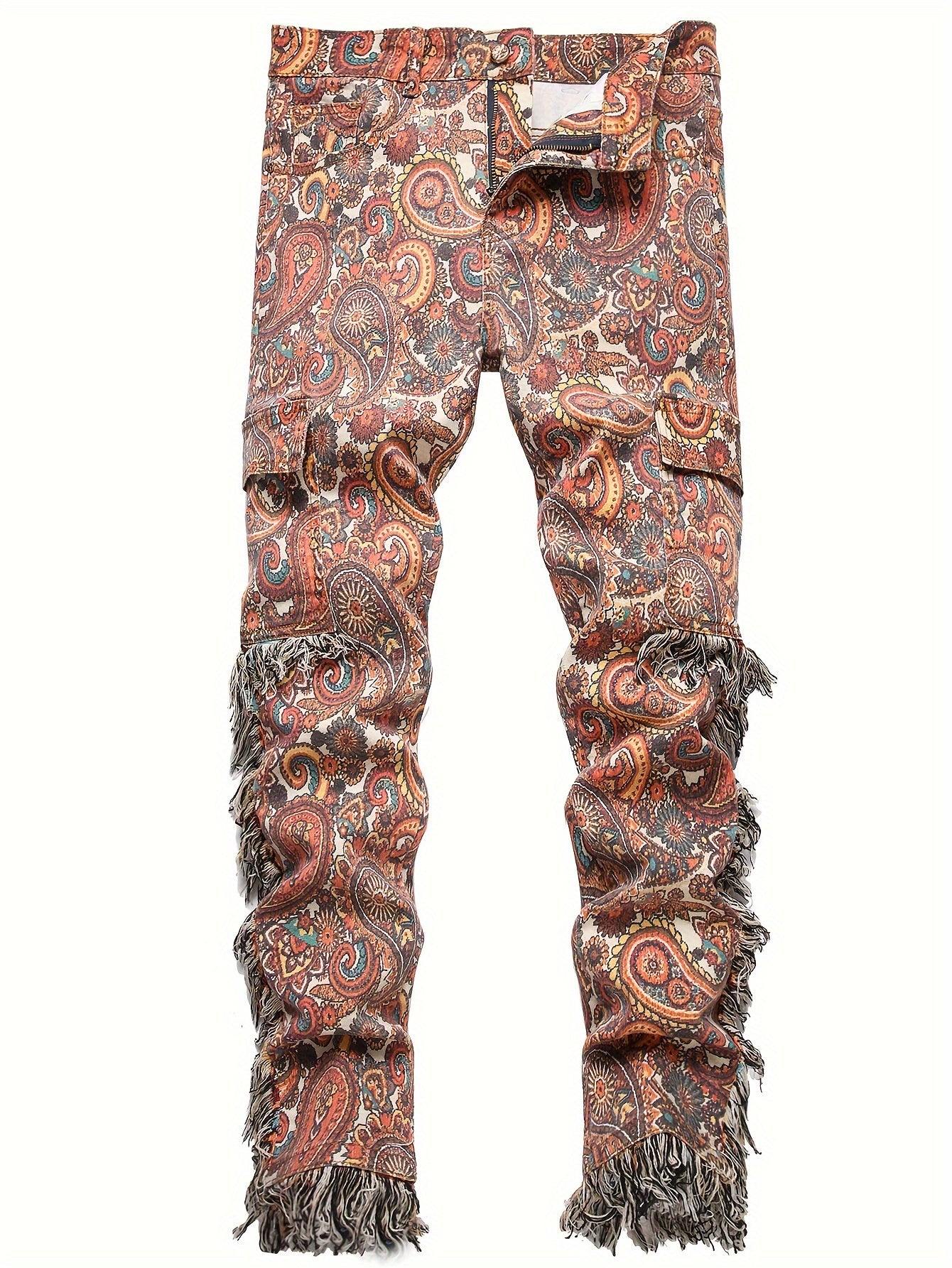 Men's Skinny Fit Stretch Denim Jeans With Floral Print, Four-Season Wear, Machine Washable