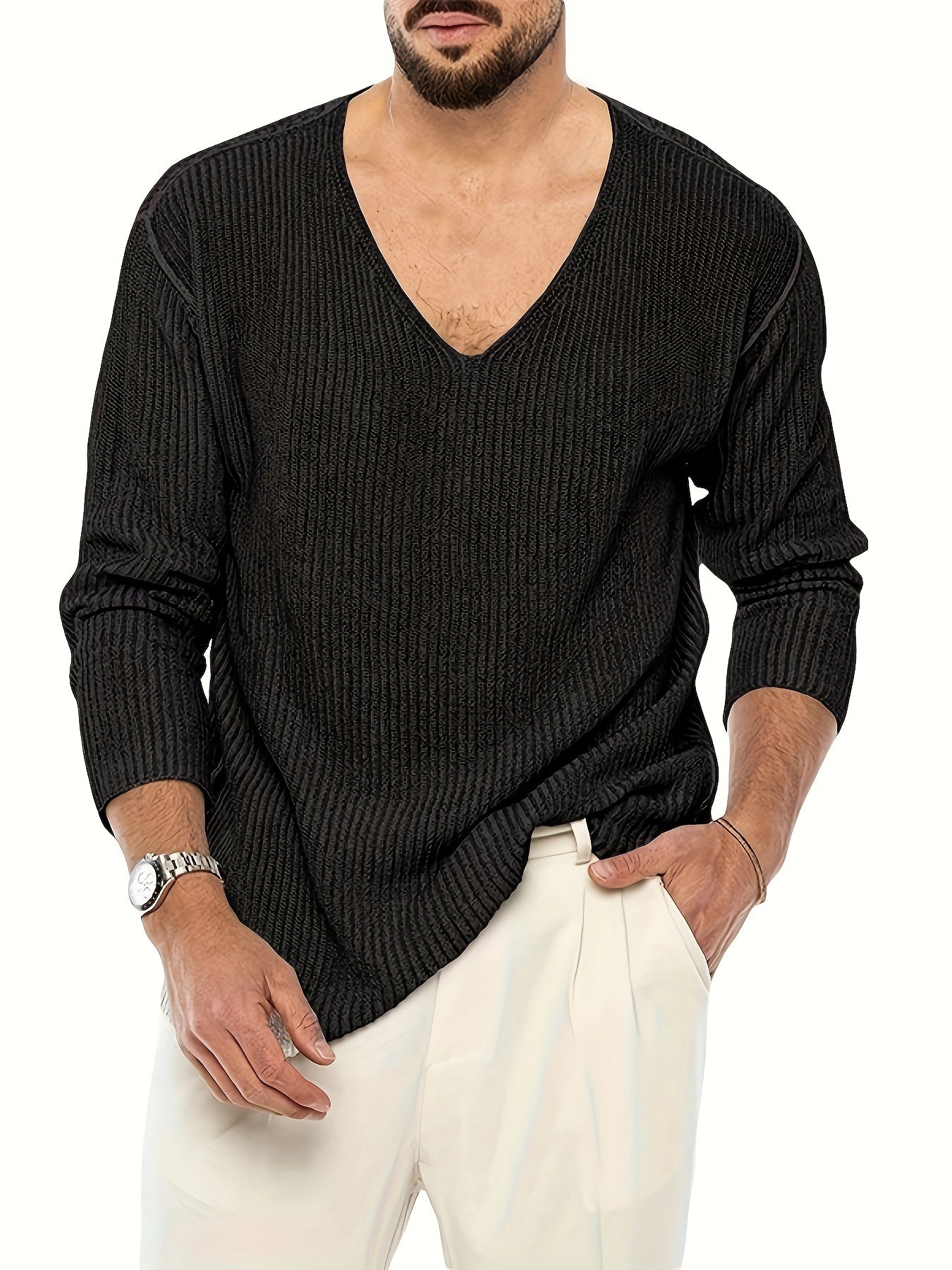 Plus Size Men's V-Neck Sweater - Cozy Knit Pullover for Spring & Fall, Stylish Casual Wear for Outdoor Comfort & Easy Layering