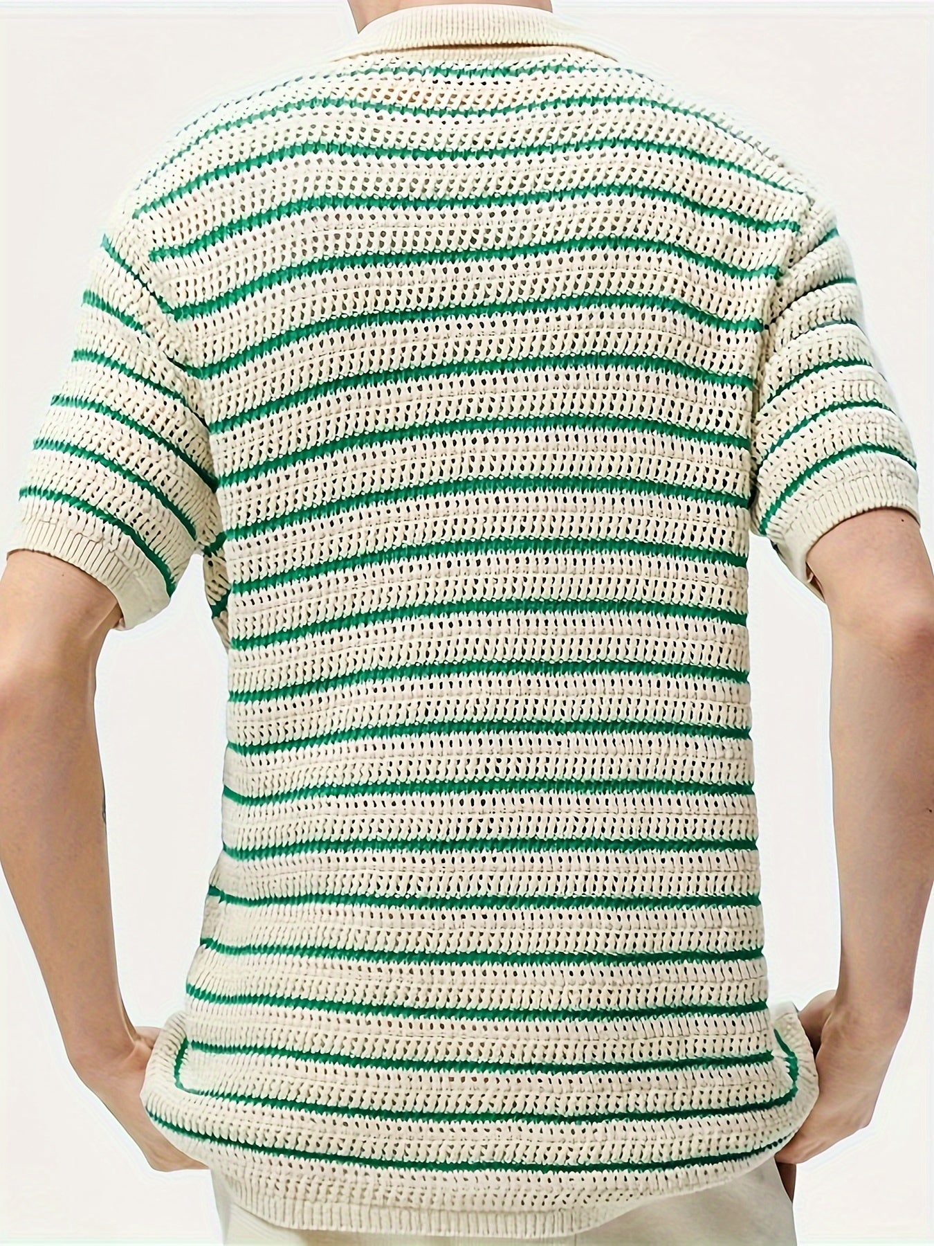 Short Sleeve Men's Knit Cardigan with Button Up and Stripes Pattern