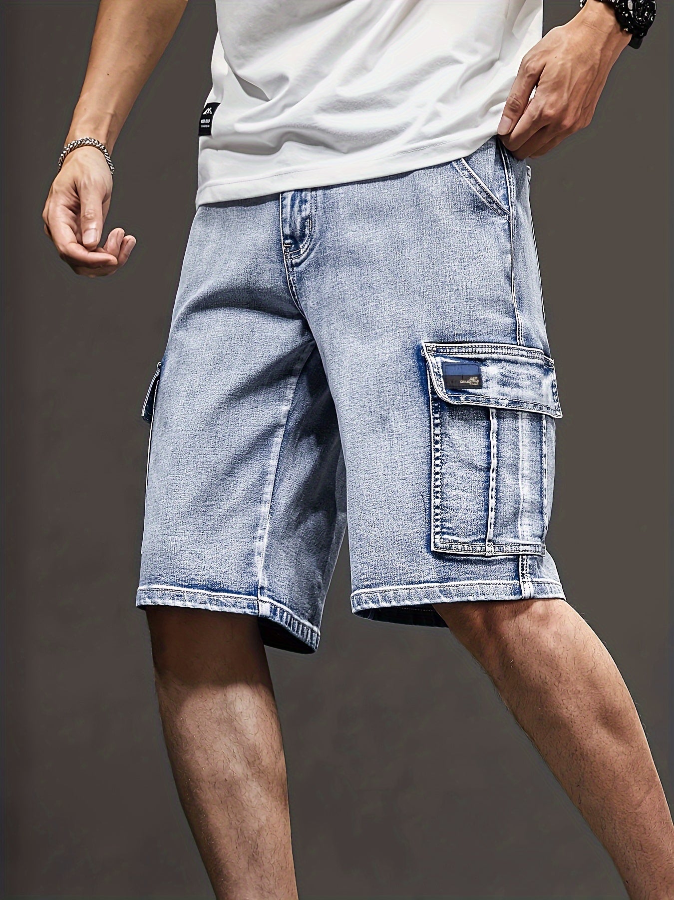 Men's Solid Cotton Blend Denim Jorts With Side Pockets Design, Chic Street Style Summer Bottoms For Men