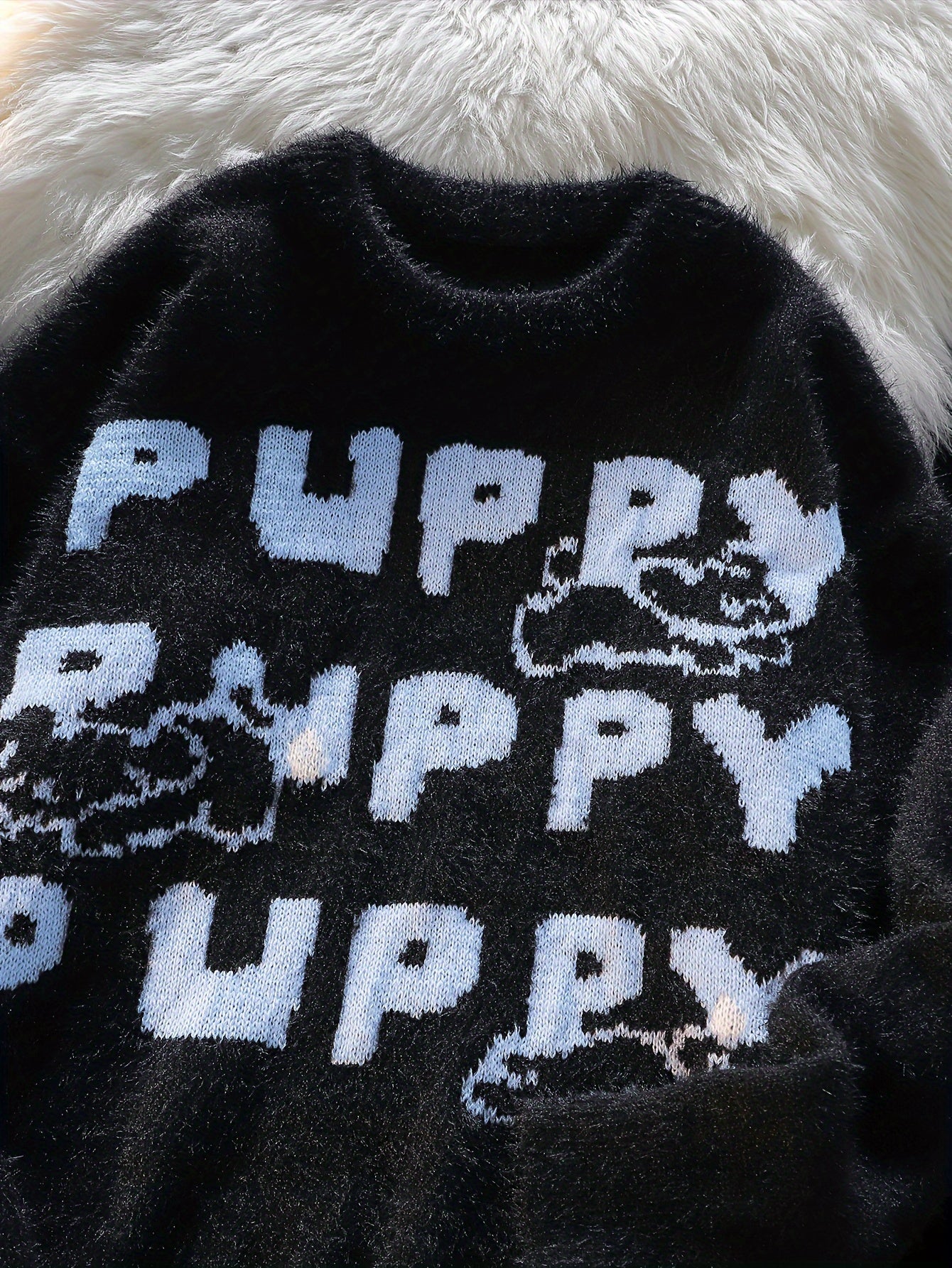 Casual Polyester Knit Sweater with Cartoon Puppy Print - Crew Neck, Medium Stretch, Loose Fit Pullover for Adults - Fall/Winter Season Color Block Alphabet Pattern Jumper