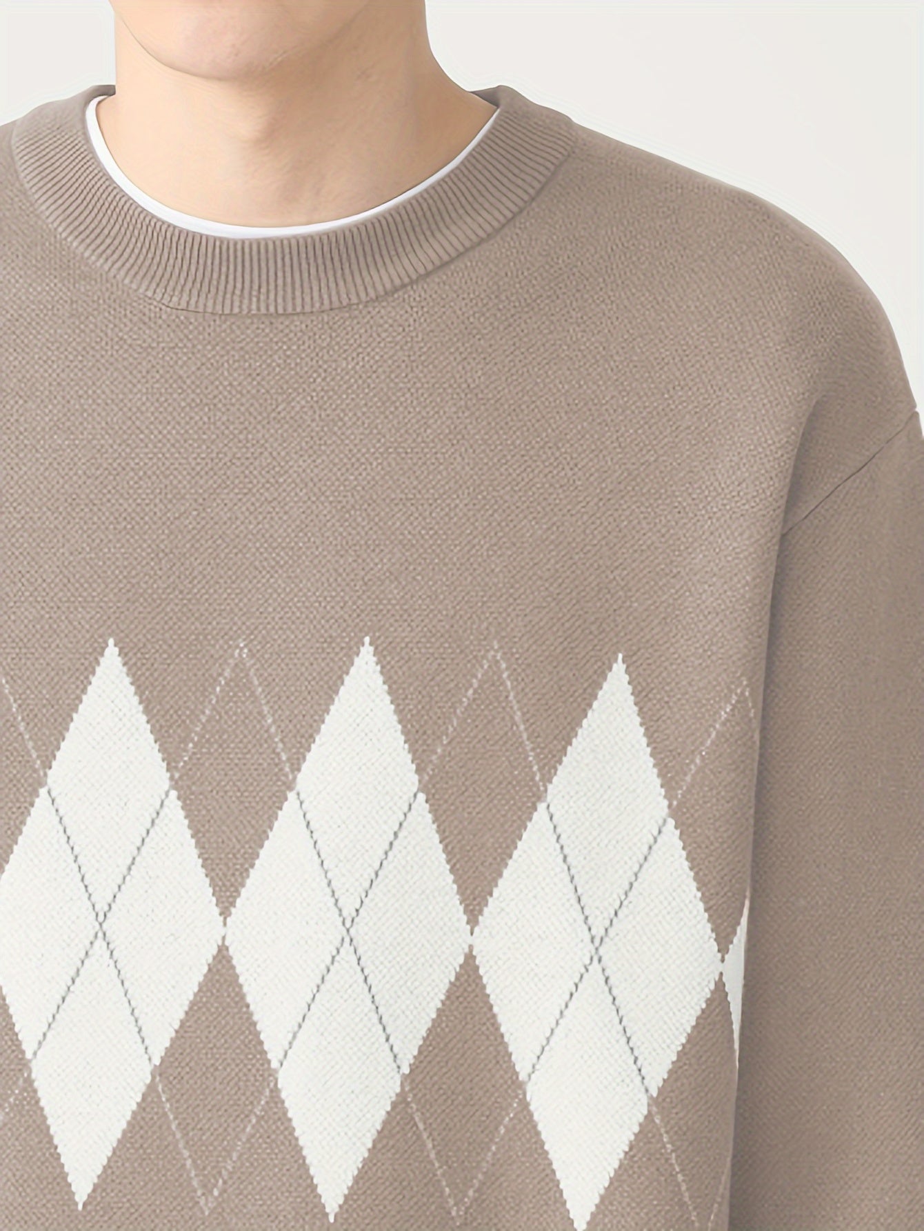 Men's Argyle Graphic Print Knitted Pullover, Casual Long Sleeve Crew Neck Sweater For Fall Winter