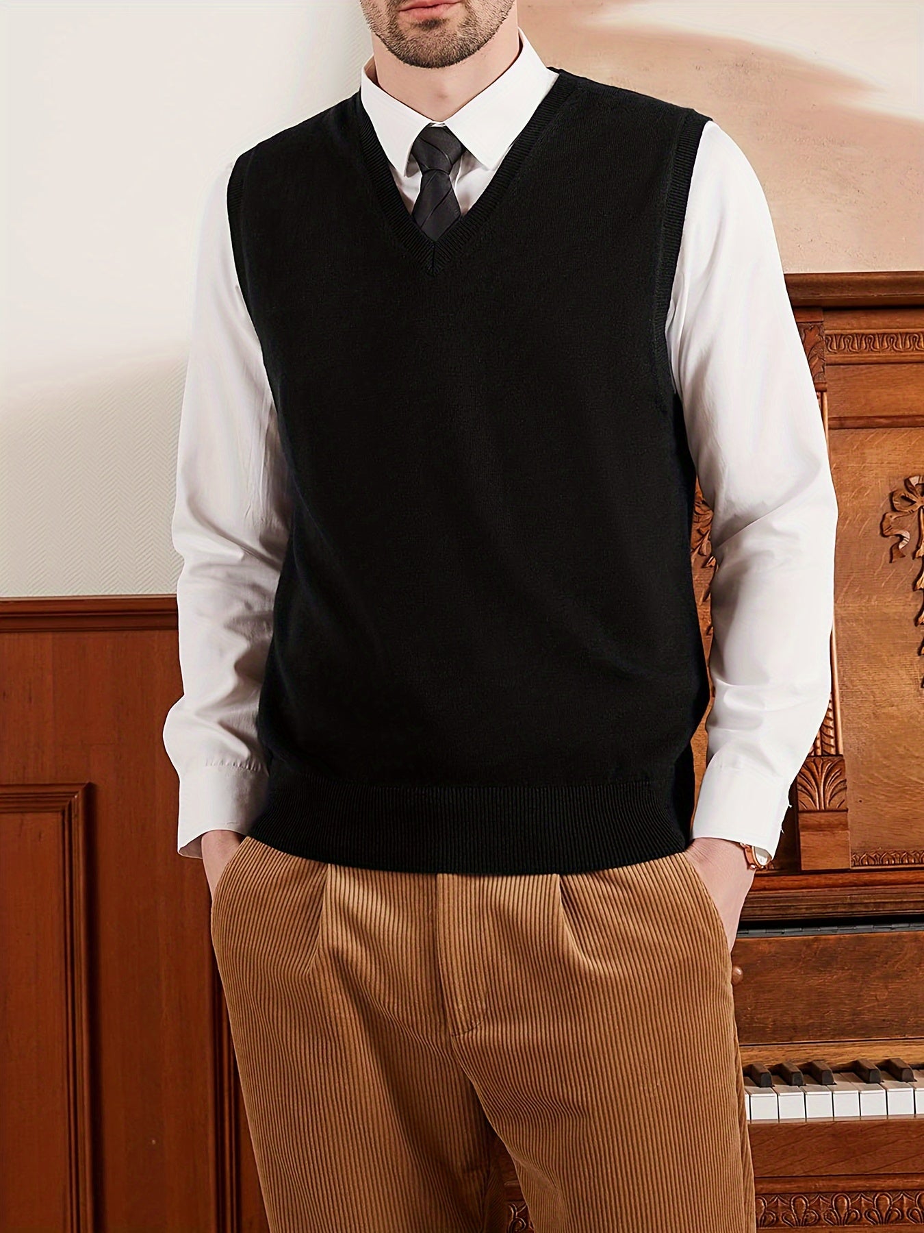 Classic Design Men's Solid Knit V-neck Sleeveless Sweater Vest, Chic And Trendy For Spring And Autumn Daily Leisurewear