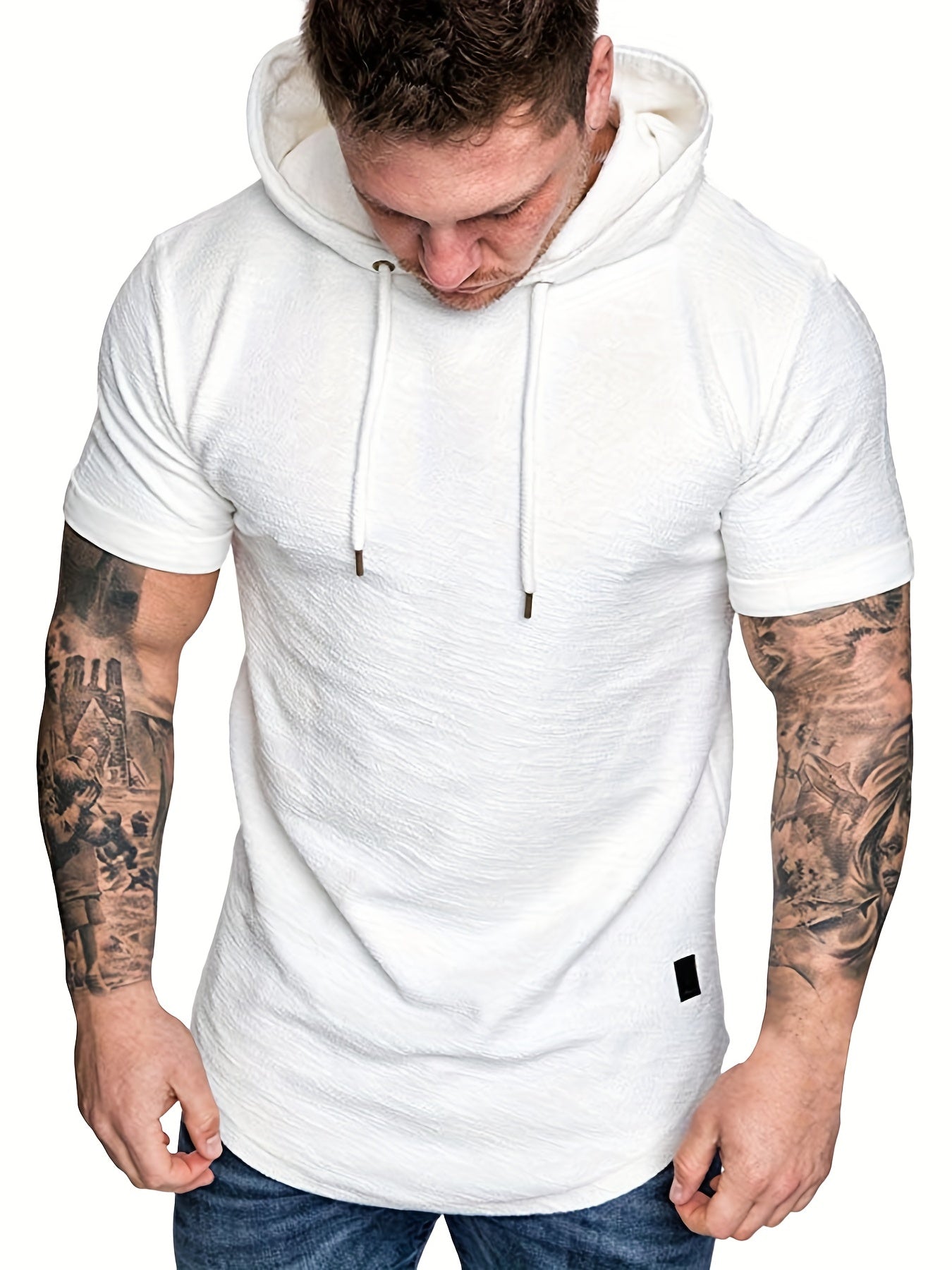 Comfort-Fit Men's Short Sleeve Hoodie - Breathable Knit, Solid Color, Durable & Easy-Care Sports T-shirt