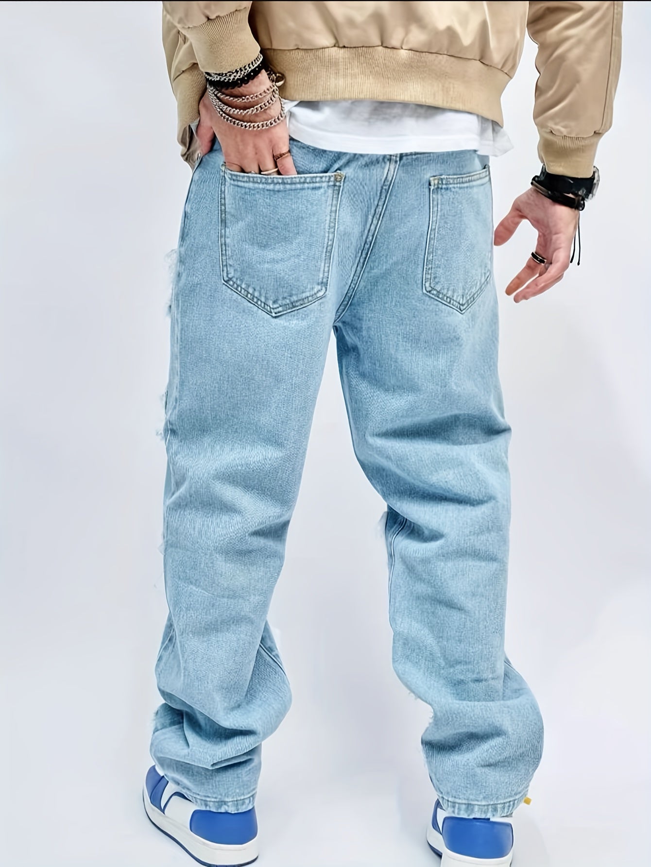 Men's Loose Fit Wide Leg Ripped Jeans, Men's Stylish Comfy Denim Pants, Street Style Fashion