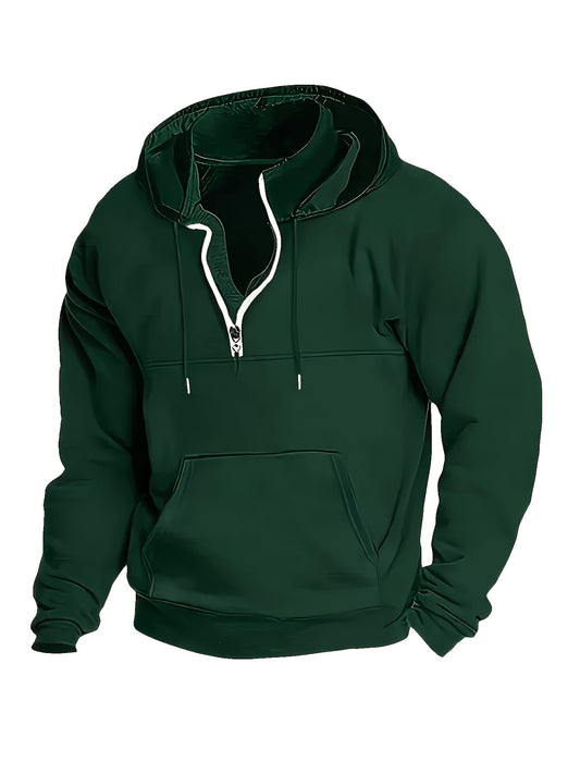 Stylish Men's Solid Color Hooded Sweatshirt - Fashion Hoodies with Zippered Henley Neck, Kangaroo Pocket, and Casual Outdoors Wear Features for Trendy Guys