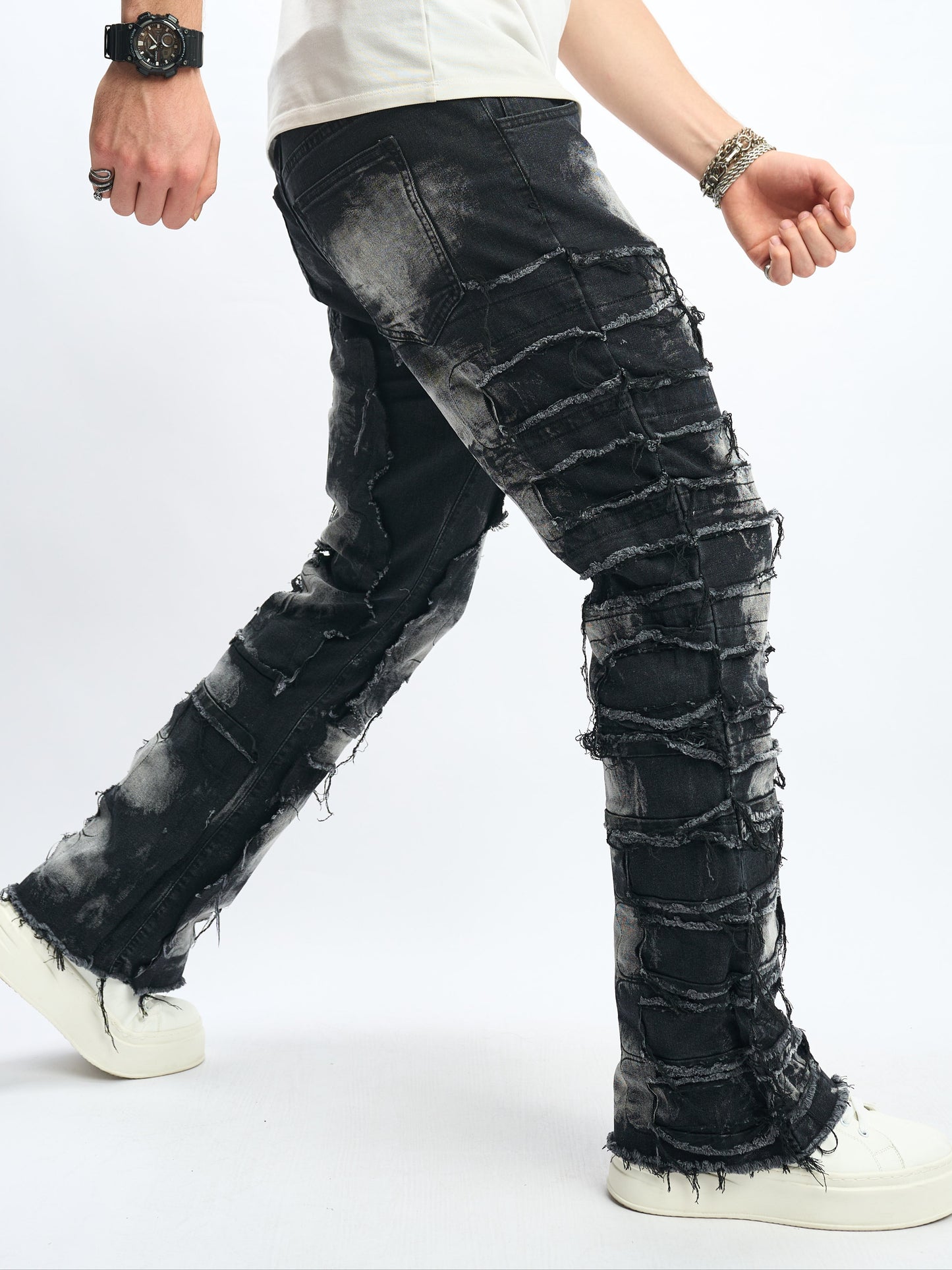 Men's Loose Fit Flares Jeans With Frayed Hem, Men's Stylish Comfy Denim Pants, Street Style Fashion