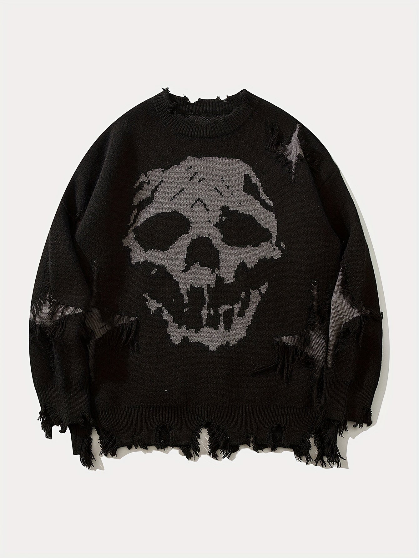 Men's Stylish Skull Pattern Knitted Pullover, Casual Breathable Long Sleeve Crew Neck Top For City Walk Street Hanging Outdoor Activities