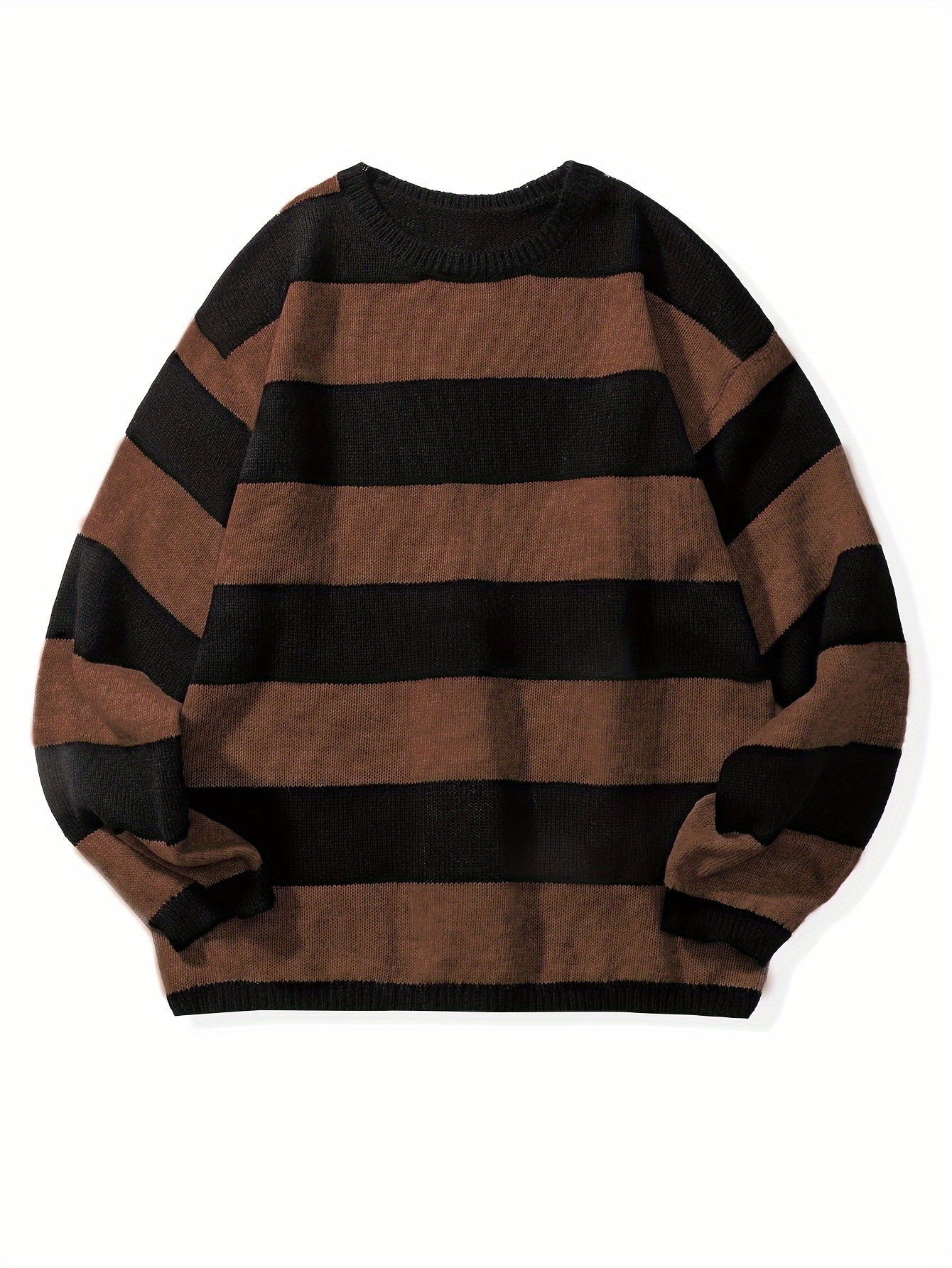 Preppy Retro Striped Pattern Knitted Sweater, Men's Casual Warm Slightly Stretch Crew Neck Pullover Sweater For Men Fall Winter, K-pop