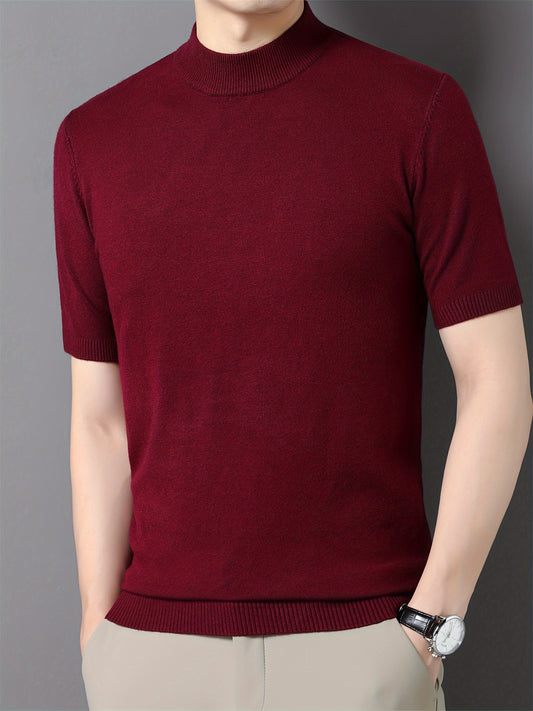 Men's Stylish Solid Knitted Pullover, Casual Breathable Short Sleeve Mock Neck Top For City Walk Street Hanging Outdoor Activities