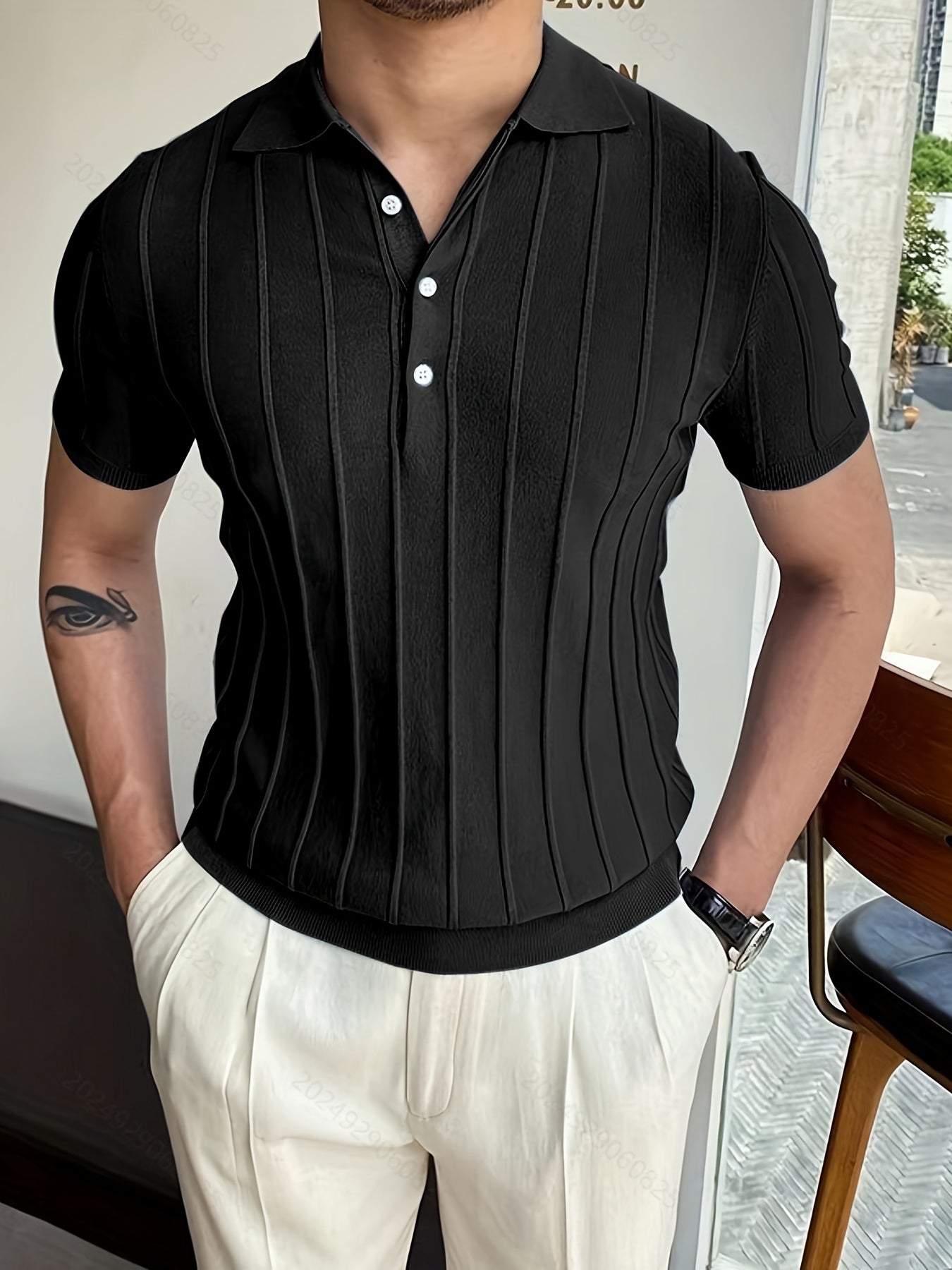 Vertical Striped Chic Shirt, Men's Casual Solid Color High Stretch V-Neck Pullover Sweater For Summer