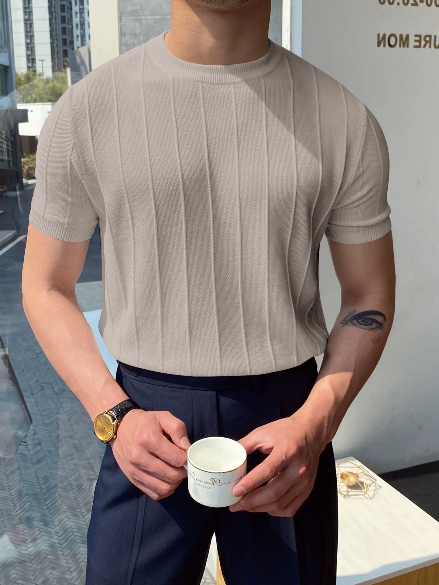 Men's Solid Striped Knitted Pullover, Casual Breathable Short Sleeve Crew Neck Sweater For Outdoor Activities