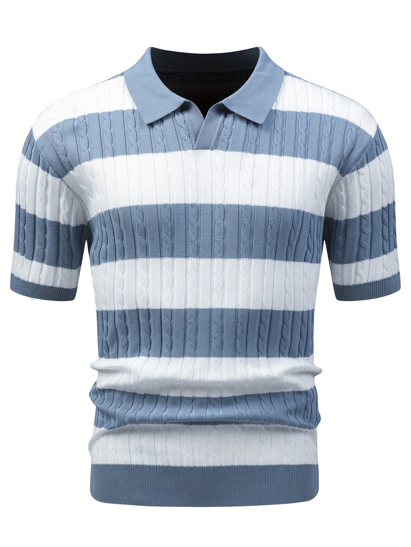 Men's Blue White Stripe Color Block Short Sleeve V Neck Lapel Shirt For Summer Daily