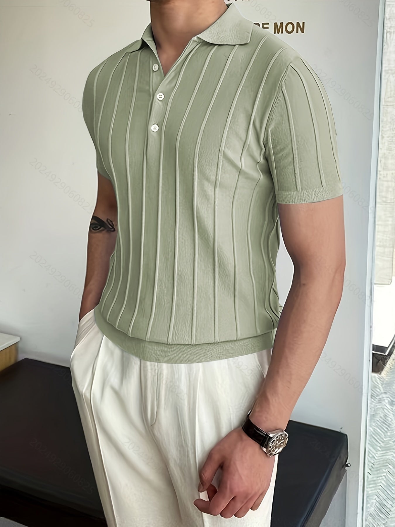 Vertical Striped Chic Shirt, Men's Casual Solid Color High Stretch V-Neck Pullover Sweater For Summer