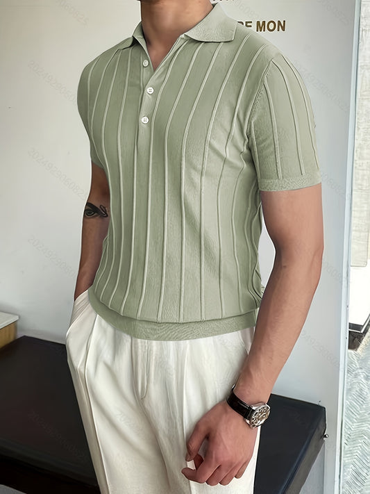 Vertical Striped Chic Shirt, Men's Casual Solid Color High Stretch V-Neck Pullover Sweater For Summer