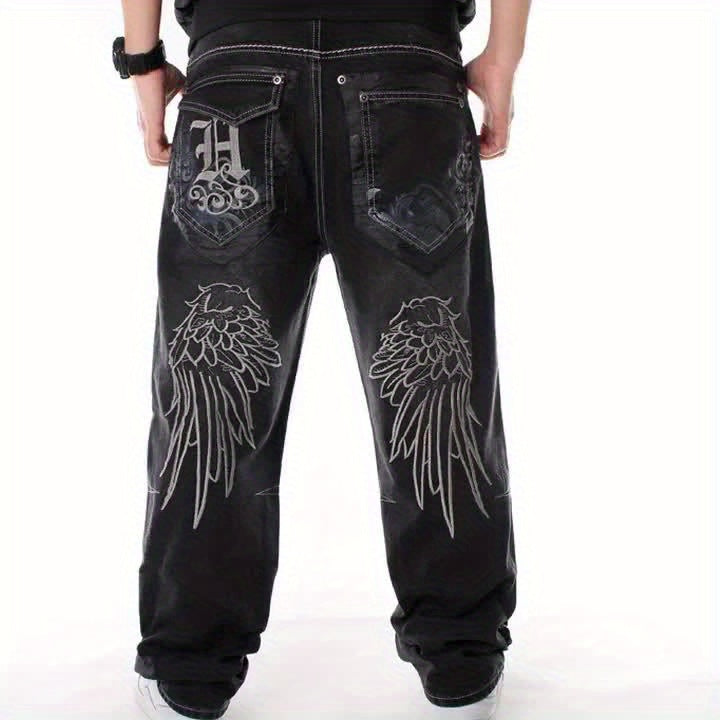 Mens Vintage Embroidered Jeans - Loose Fit, Straight Leg, Hip Hop Dance Style - Durable Denim, All-Season Comfort