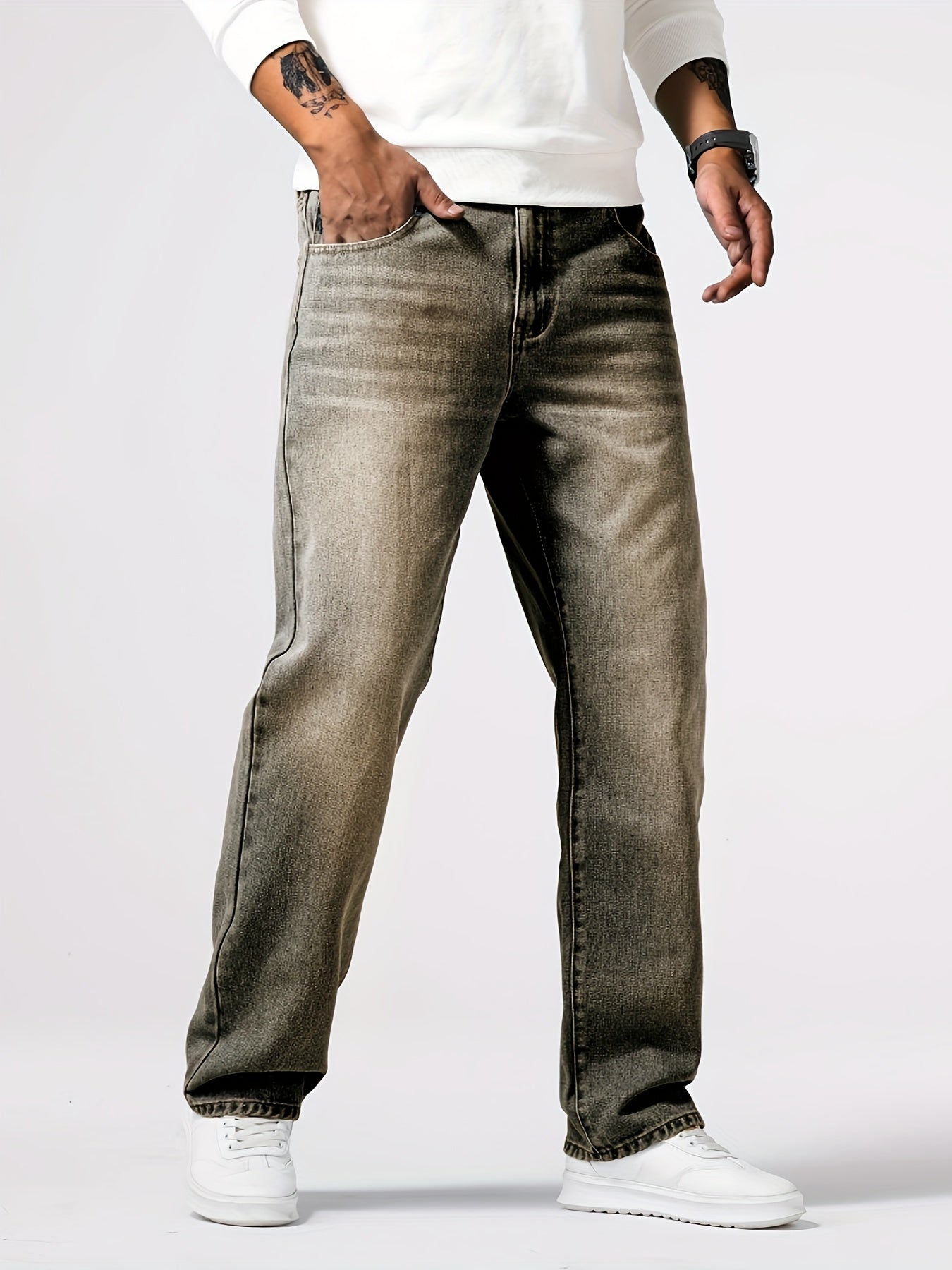 Men's Casual Loose Fit Jeans, Street Style Straight Leg Denim Pants