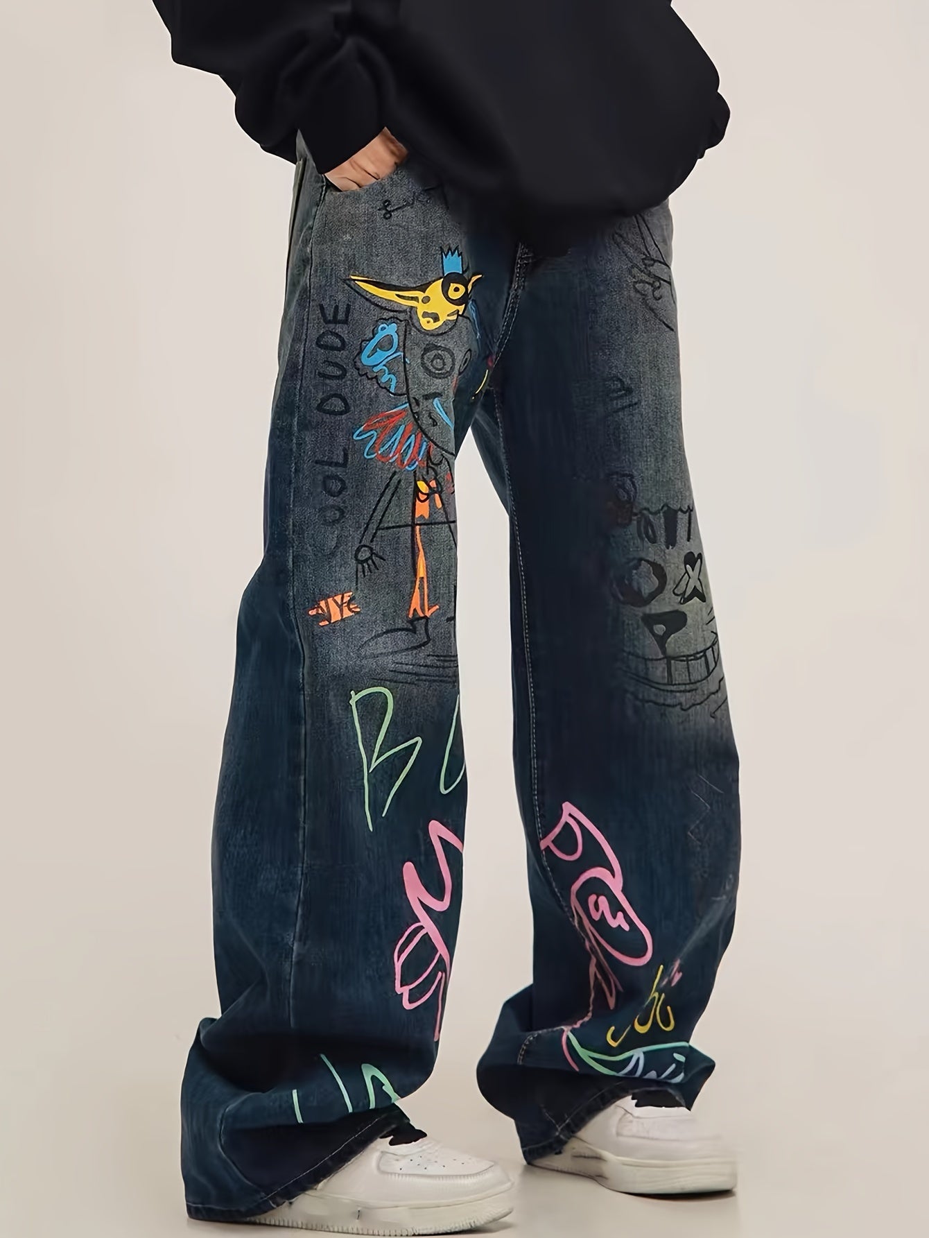 Men's Loose Fit Wide Leg Jeans With Fancy Graffiti Print, Men's Stylish Comfy Denim Pants, Street Style Fashion