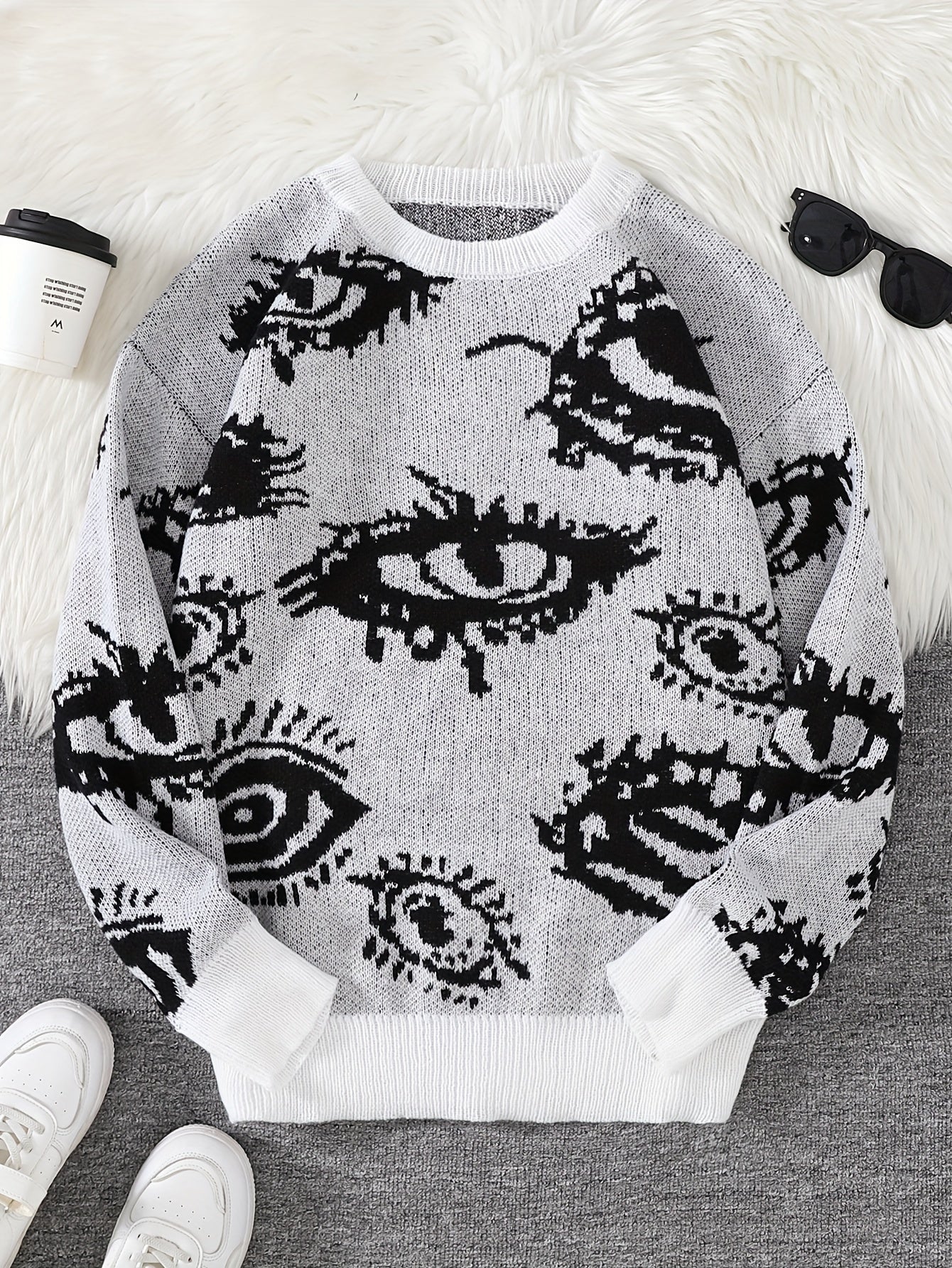 Men's Novelty Eyes Graphic Design Fall/Winter Sweater, Casual Round Neck Long Sleeve Knit Pullover Tops