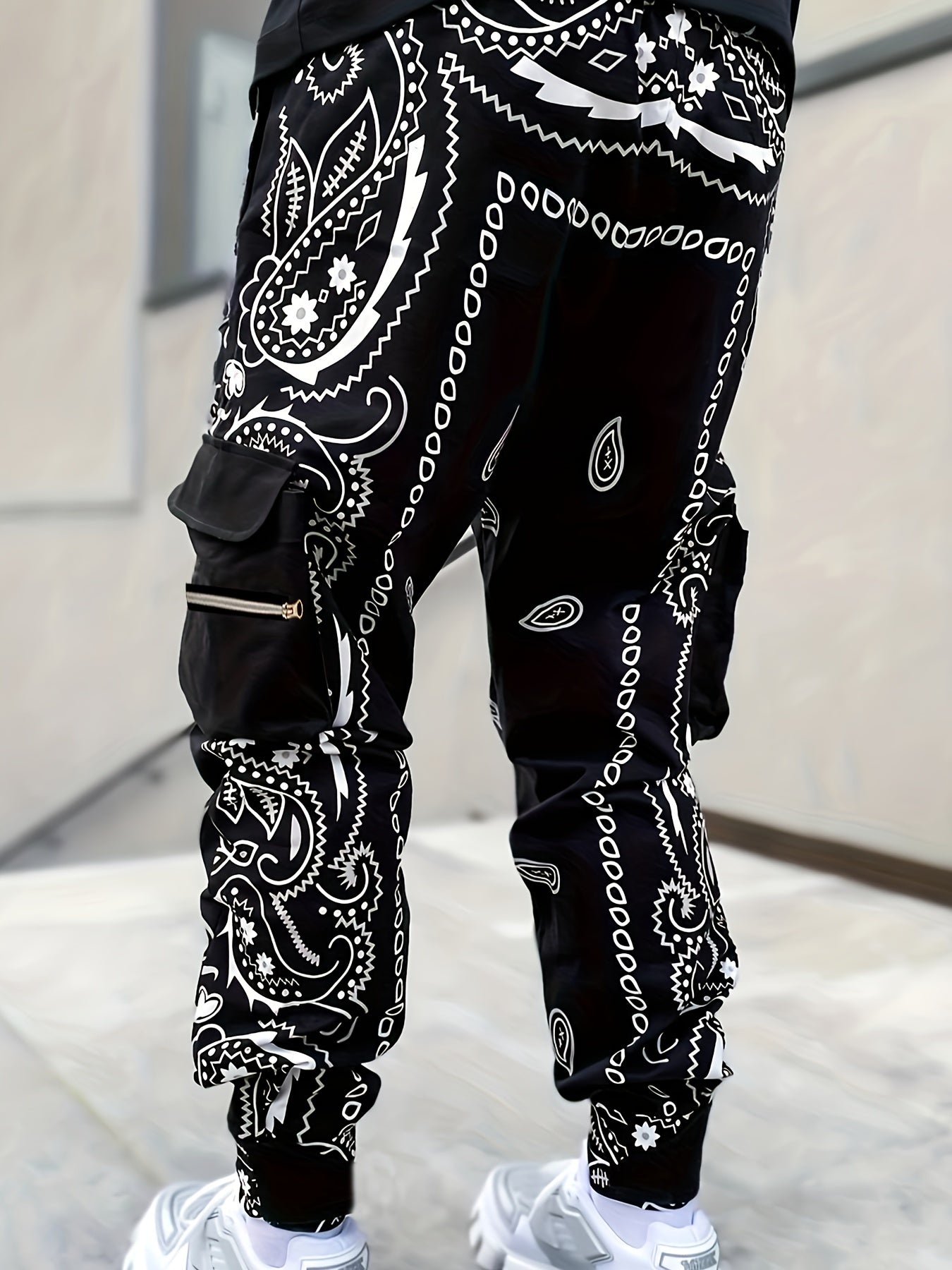 Autumn/Winter Men's Casual Paisley Joggers - Mid Waist, Drawstring, Multi-Pocket Cargo Pants