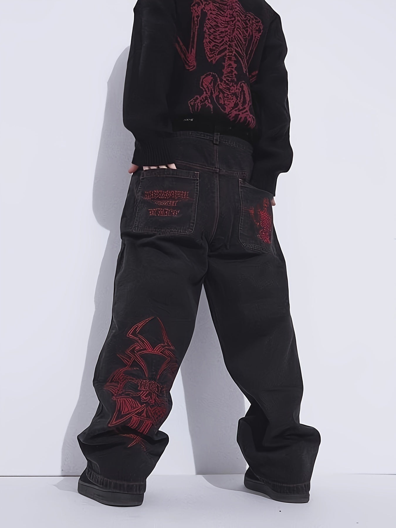 Mens Skeleton Embroidered Jeans - Cotton Blend, Ultra-Loose & Baggy, Pockets, Street Chic Style - A Fashionable Gift for Him