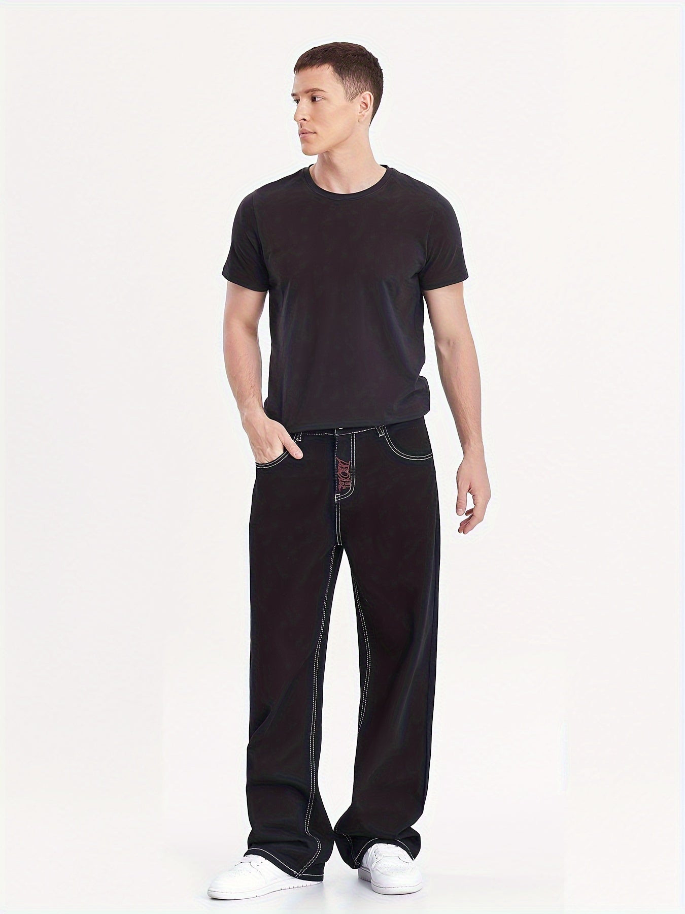 Men's Stylish Wide-Leg Jeans with Embroidered Detail - Loose Fit, Cotton Blend, Machine Washable - Black & Red Contrast