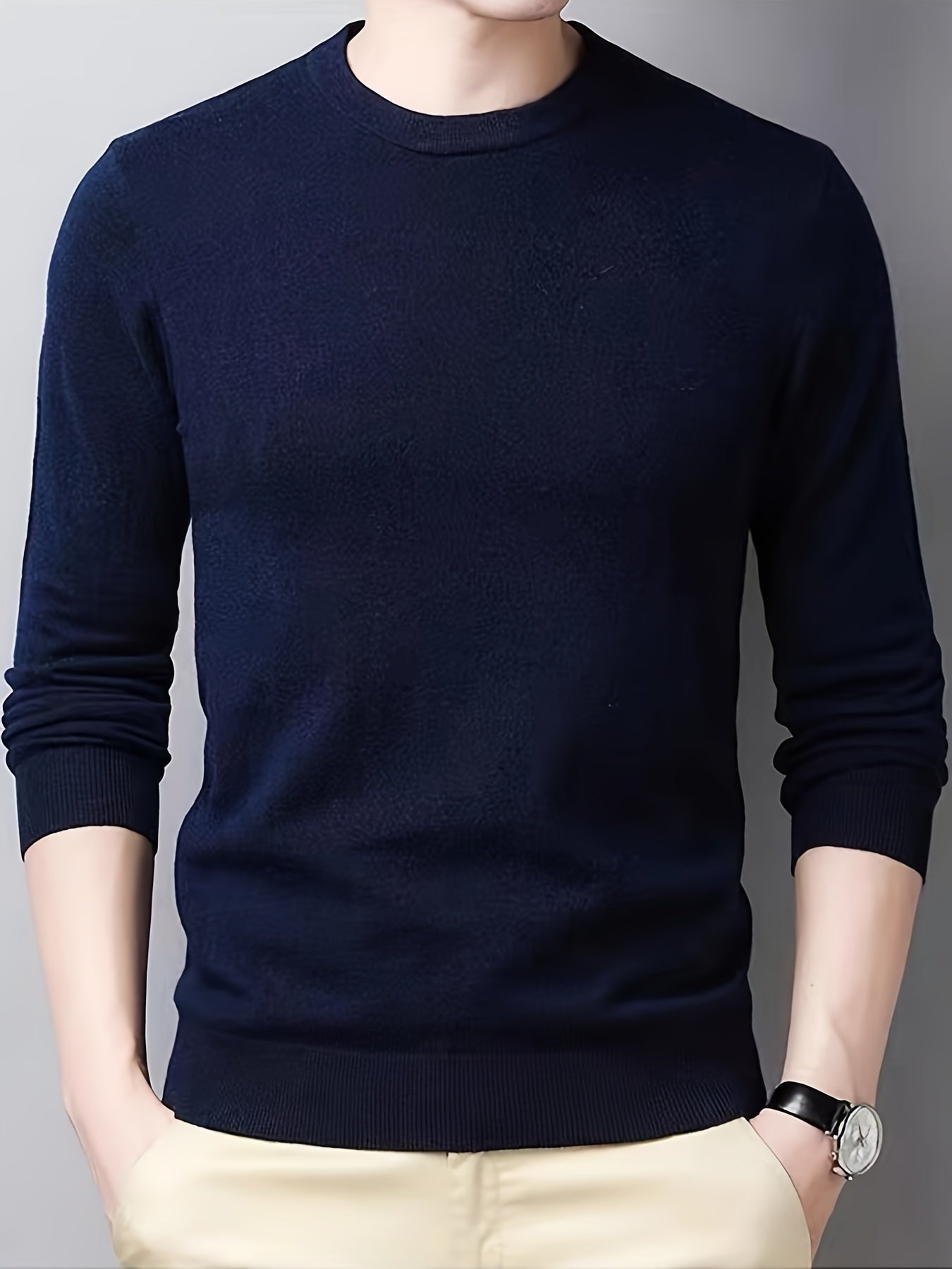 All Match Knitted Solid Sweater, Men's Casual Warm Slightly Stretch Crew Neck Pullover Sweater For Men Fall Winter