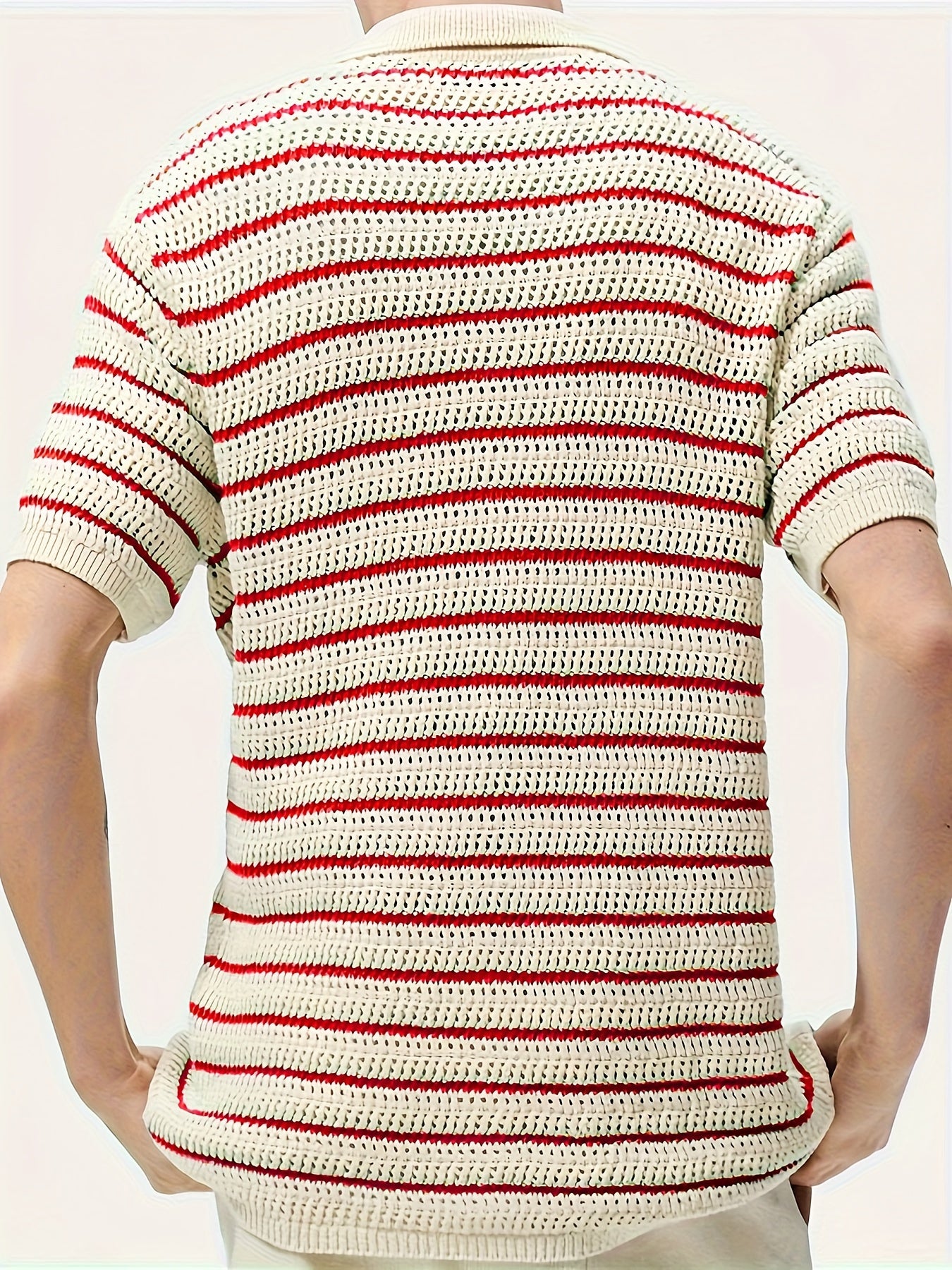 Short Sleeve Men's Knit Cardigan with Button Up and Stripes Pattern