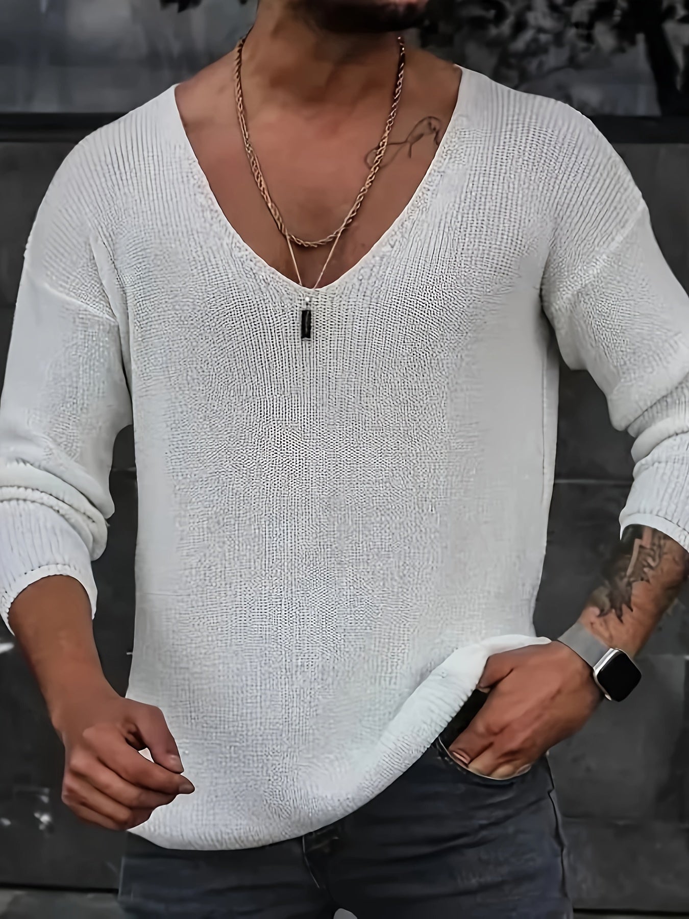 Chic Design Men's Solid Knit V-neck Long Sleeve Sweater, Casual And Trendy Stretchable Tops For Spring And Autumn Daily Leisurewear