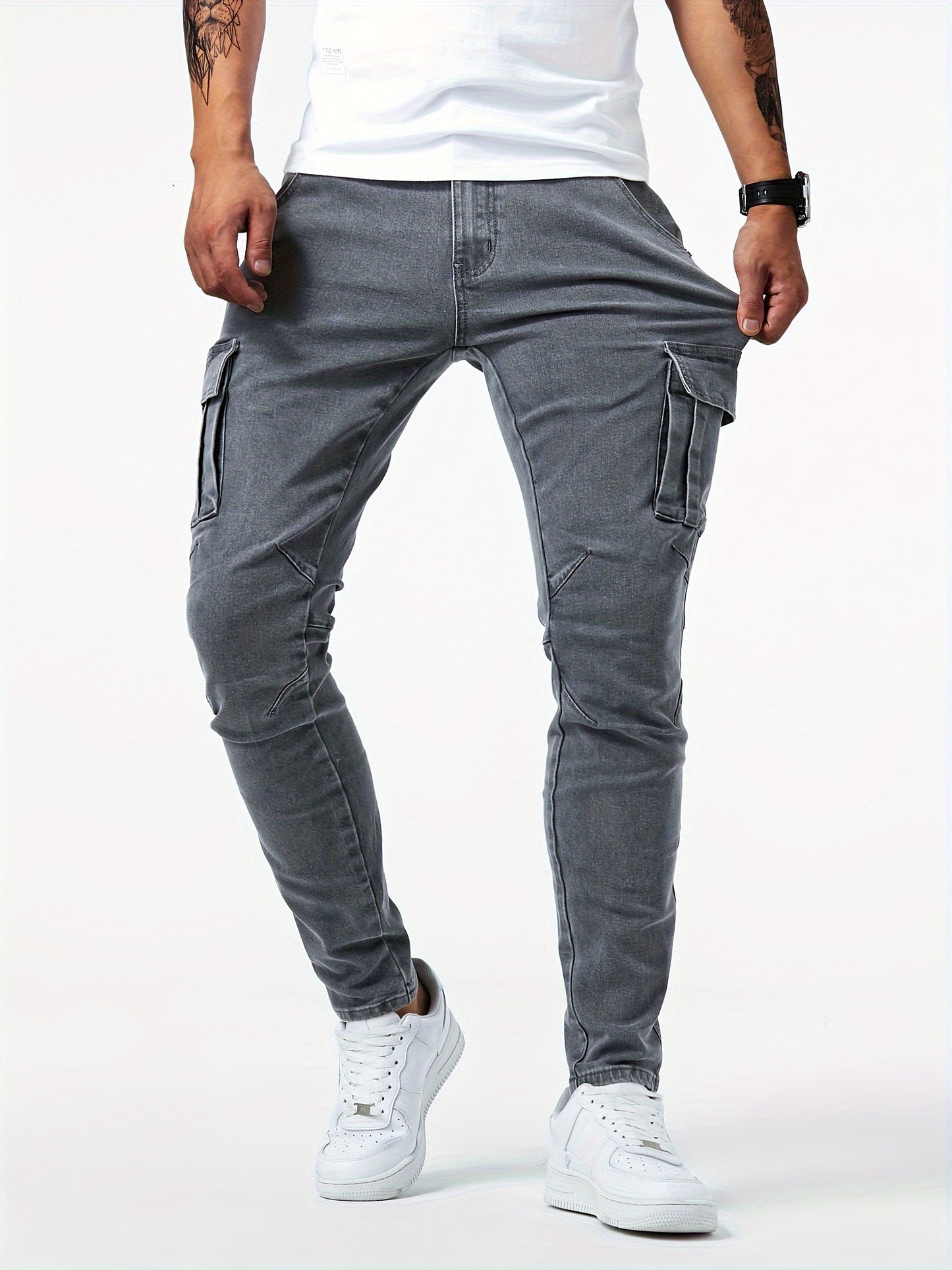 High Stretch Slim Fit Cargo Jeans - Soft, Breathable, Comfortable Denim Pants with Multi Pockets for Teen Men - Perfect for Casual Street Style, All-Season Wear