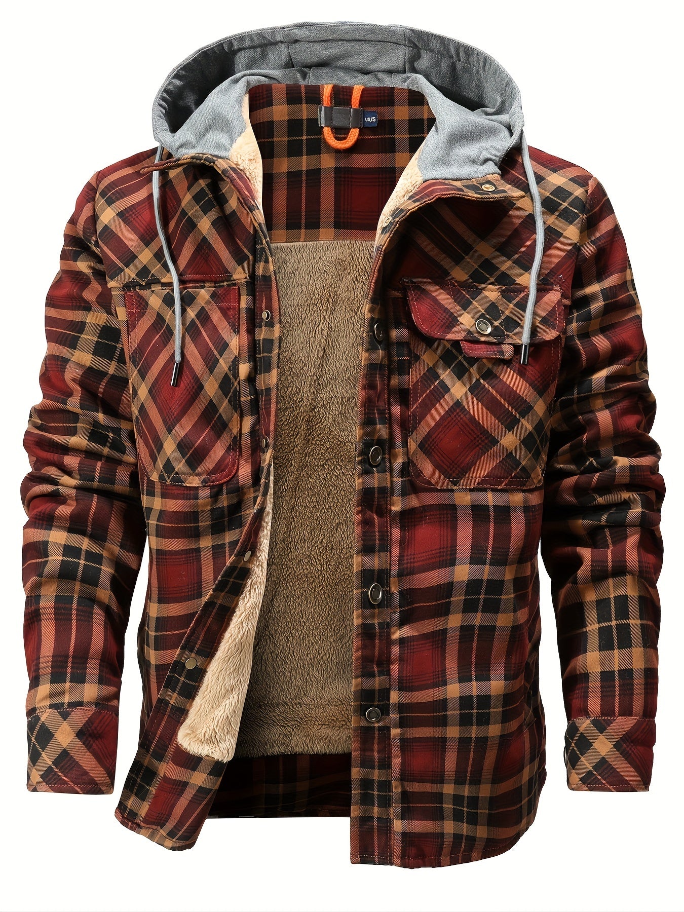 Men's Plaid Sherpa-Lined Hooded Jacket, Casual Style, Button Down Cozy Fleece Winter Coat, Warm Fashion Outerwear