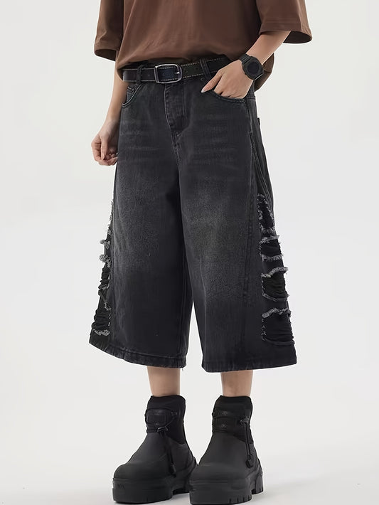 Men's Distressed Wide-Leg Cropped Denim Jeans, Fashion Style With Frayed Edges, Mid-Calf Length, Casual Streetwear