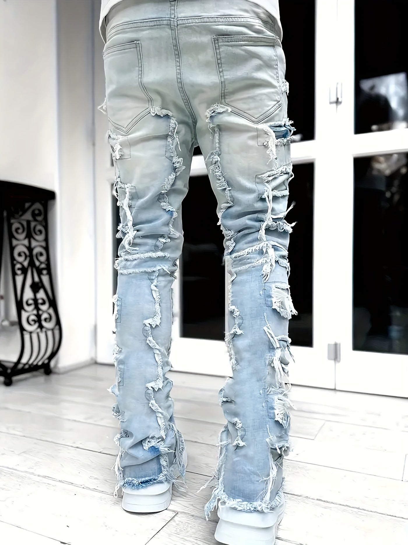 Y2k Inspired Mens Stretch Denim Jeans - Hip Hop Raw Trim, Comfortable Casual Street Style Pants