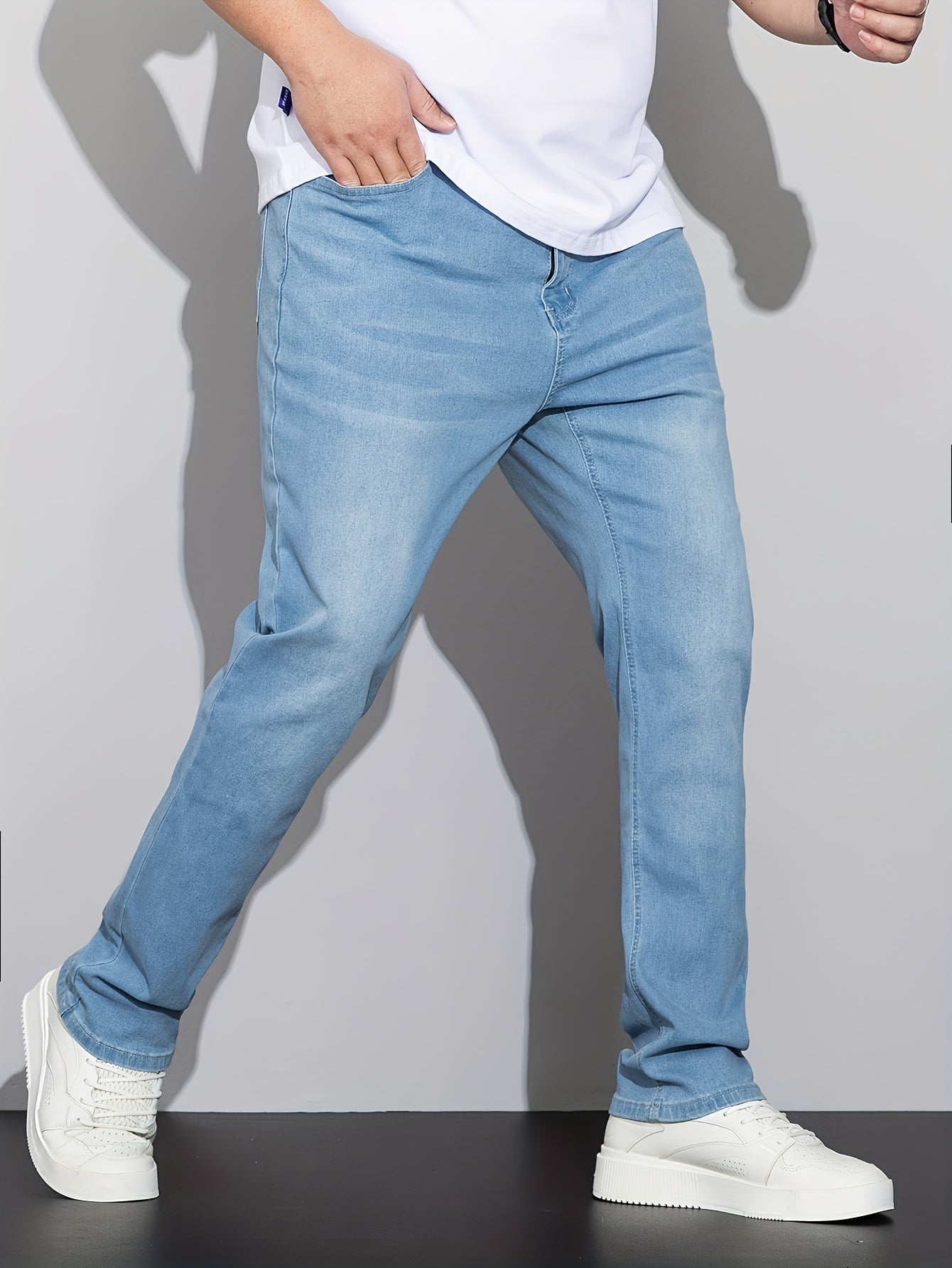 Plus Size Men's Fashionable Solid Denim Pants - Trendy Casual Street Style Jeans with Comfortable Fit, Stretchy Fabric, and Classic Five-Pocket Design for Spring and Fall Seasons