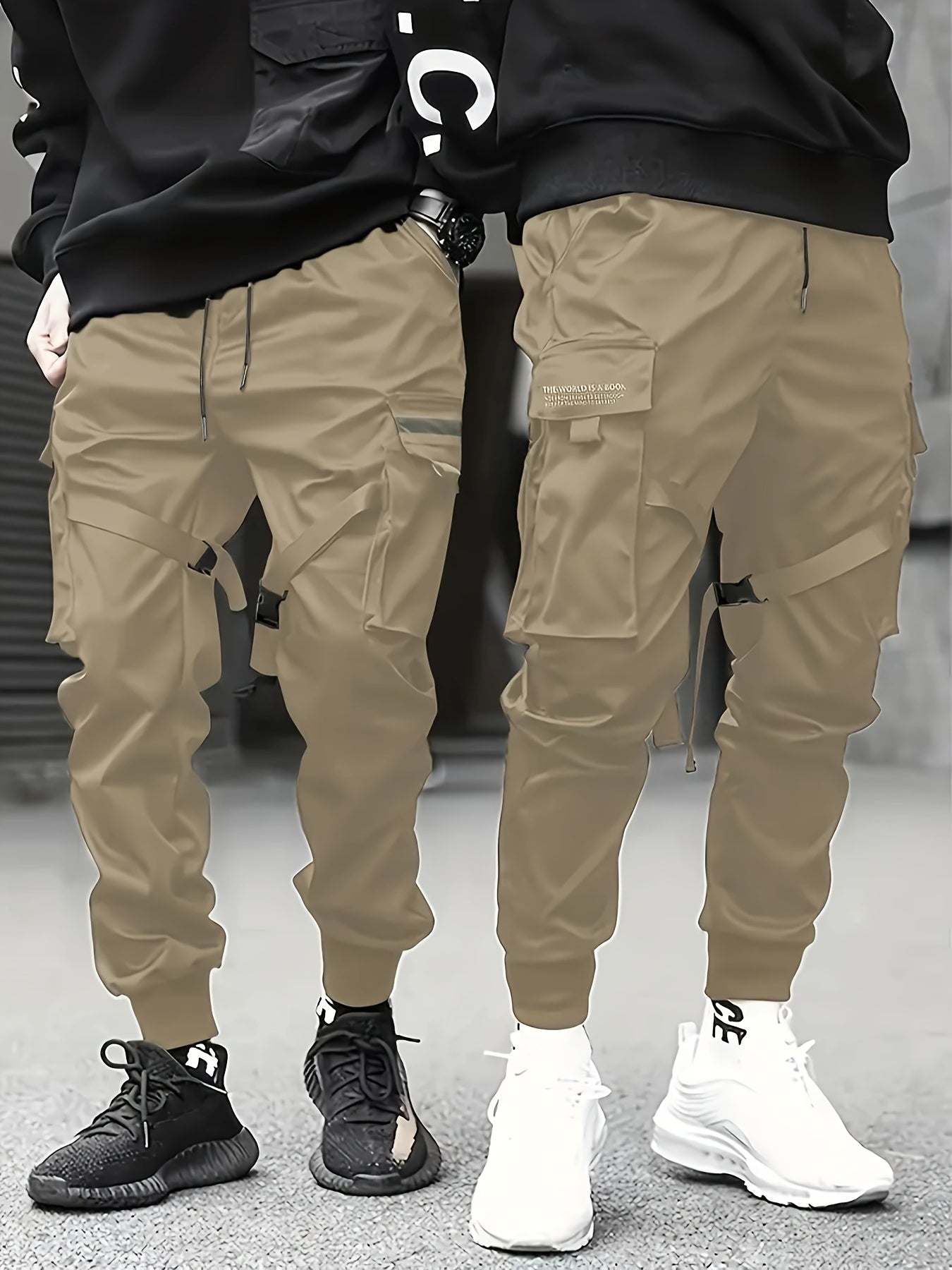 Multi-Pocket Cargo Pants for Men - Loose Fit, Non-Stretch Polyester Fabric, Braid Details, All-Season Outdoor Trousers with Print Pattern, Casual Hip Hop Style, Regular Length, and Woven Weaving Method