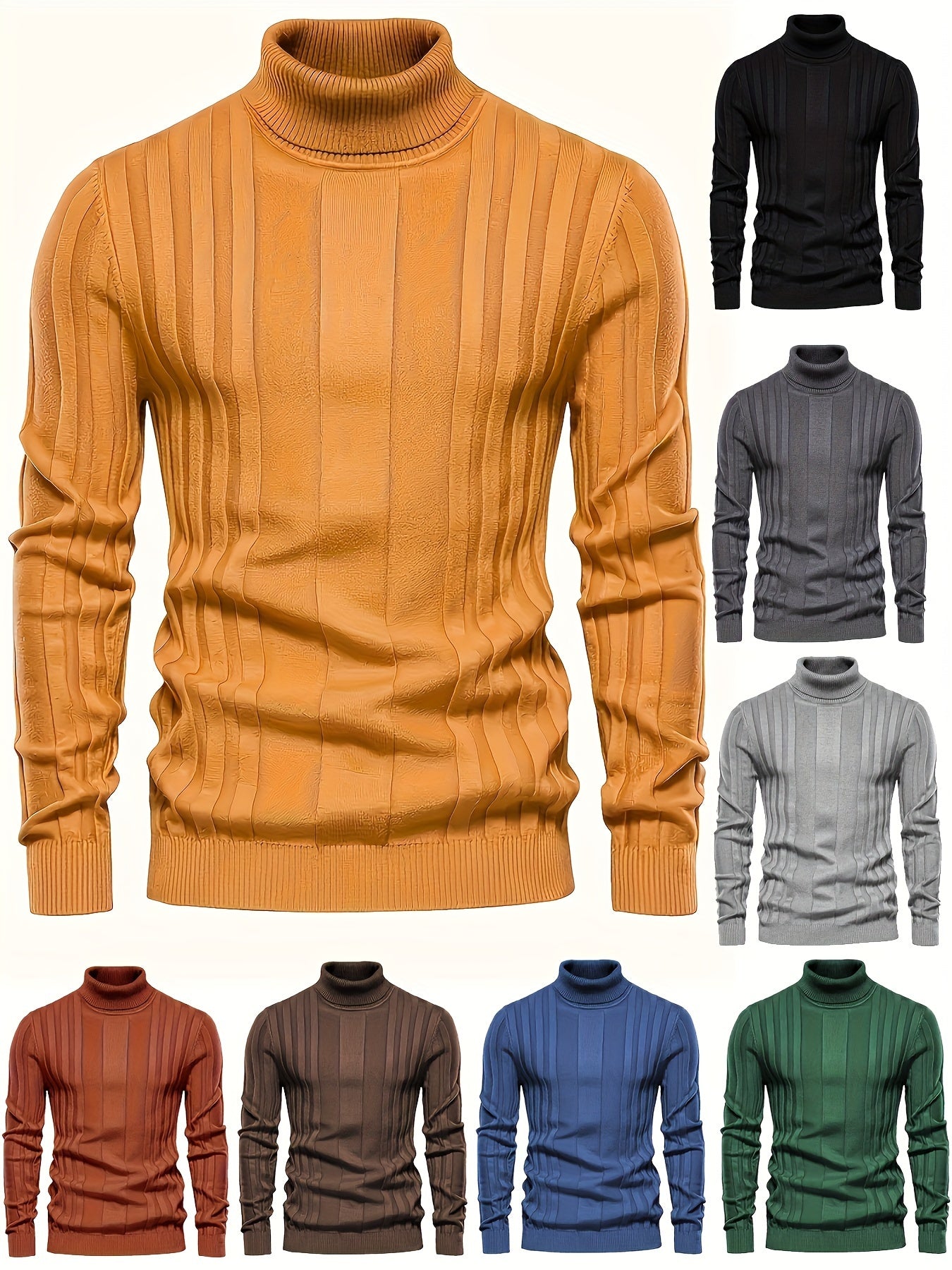 Turtleneck Knitted Sweater, Men's Casual Warm Solid High Stretch Pullover Sweater For Fall Winter