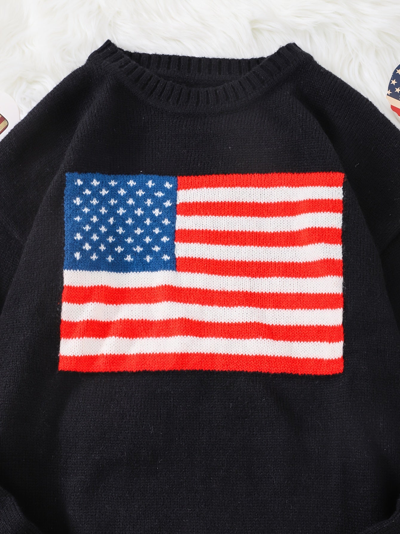 Autumn Fashion Cozy Long Sleeve Pullover Sweater - Soft Crew Neck Knitwear with American Flag Print, Warm and Breathable Outerwear for Daily Wear, Perfect for Casual Occasions - Stylish and Comfortable Top for Men