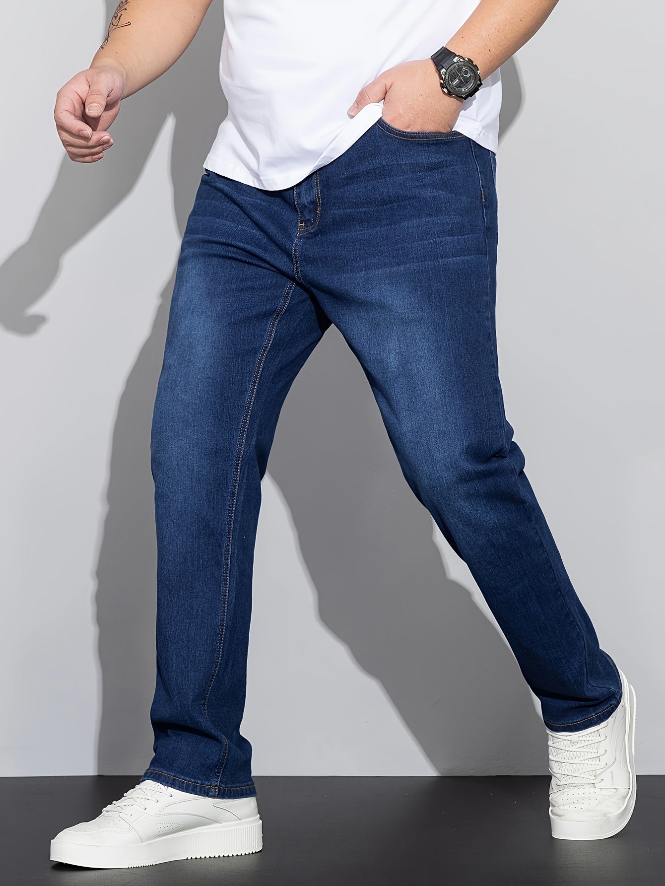 Plus Size Men's Fashionable Solid Denim Pants - Trendy Casual Street Style Jeans with Comfortable Fit, Stretchy Fabric, and Classic Five-Pocket Design for Spring and Fall Seasons