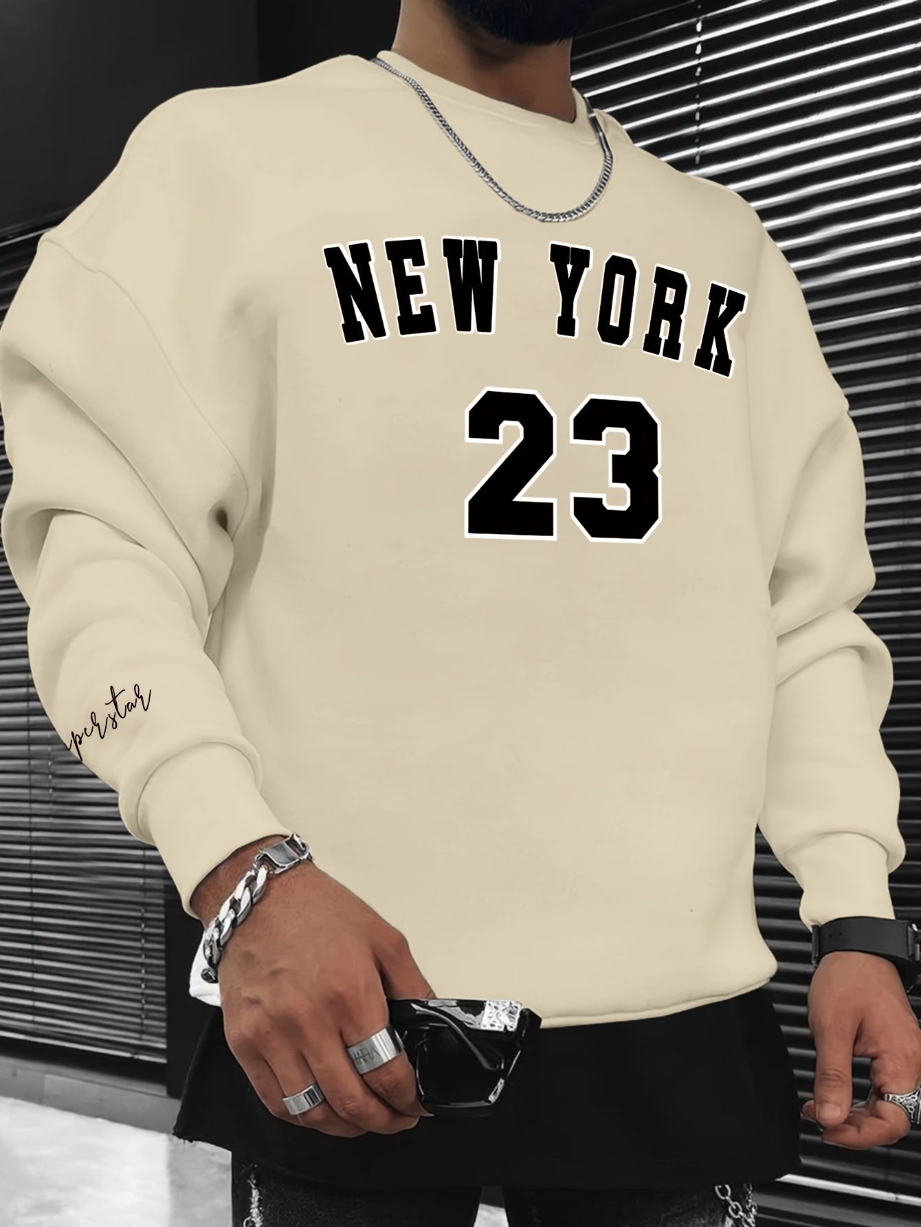 Long Sleeve 23 Print Fashionable Men's Casual Crew Neck Pullover Sweatshirt for Outdoor Sports, Autumn Spring, with Hip-hop Necklace, as Gifts