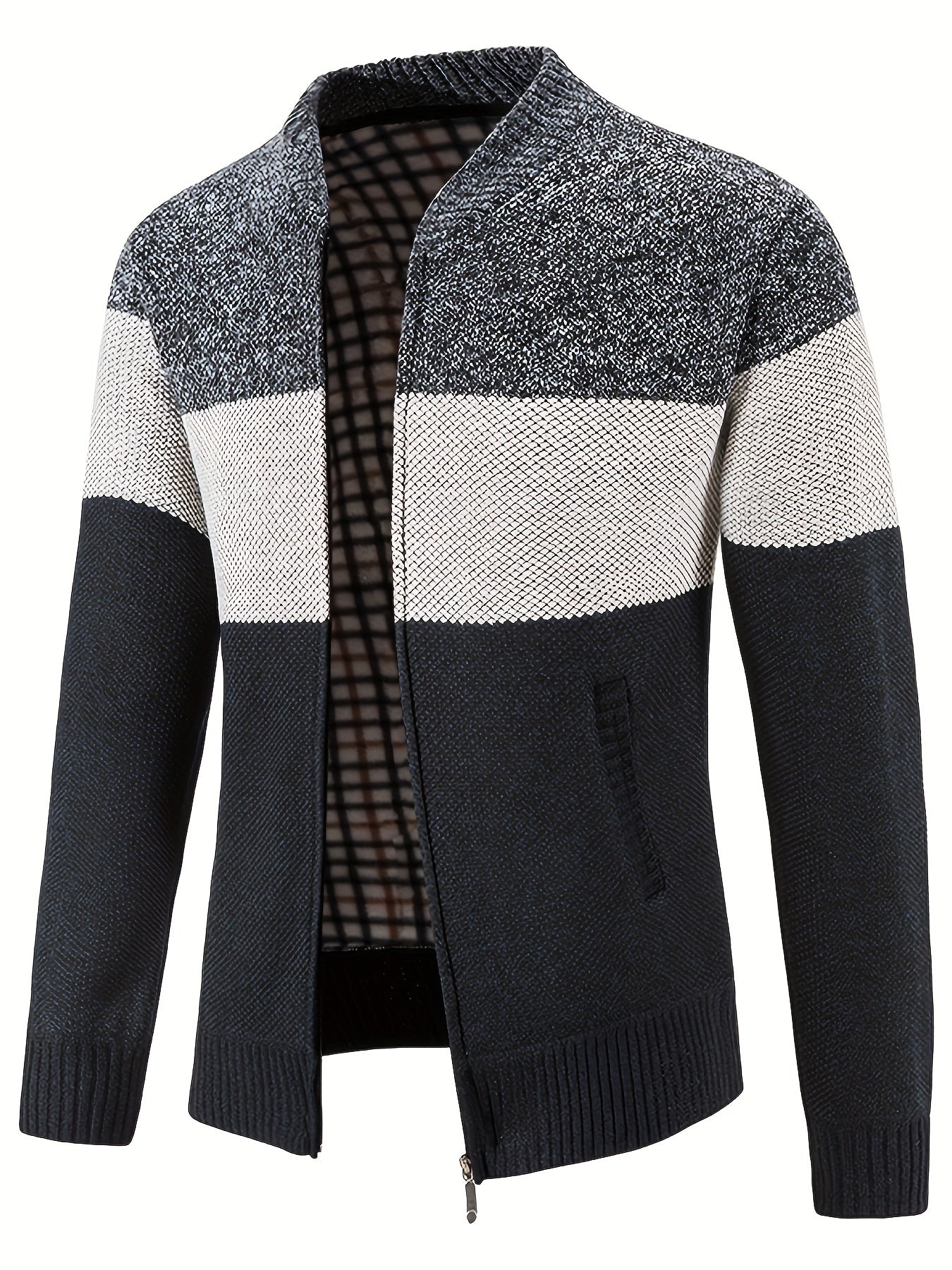 Warm And Thick Fleece Jacket For Male, Men's Casual Comfy Color Block Mid Stretch Zip Up Knit Cardigan For Winter And Fall