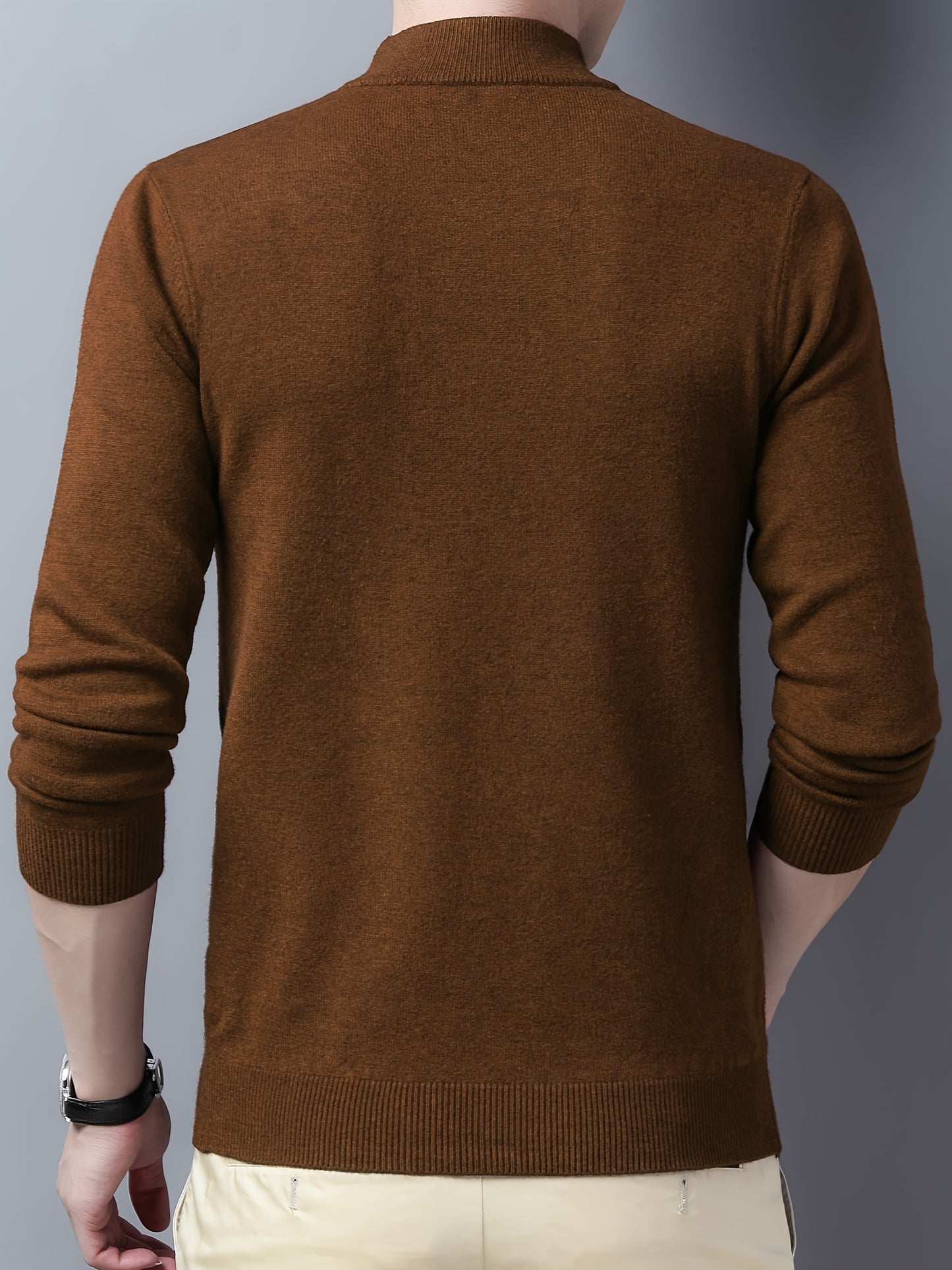 Men's Trendy Solid Knitted Pullover, Casual Mid Stretch Breathable Turtleneck Base Layer For Outdoor Fall Winter