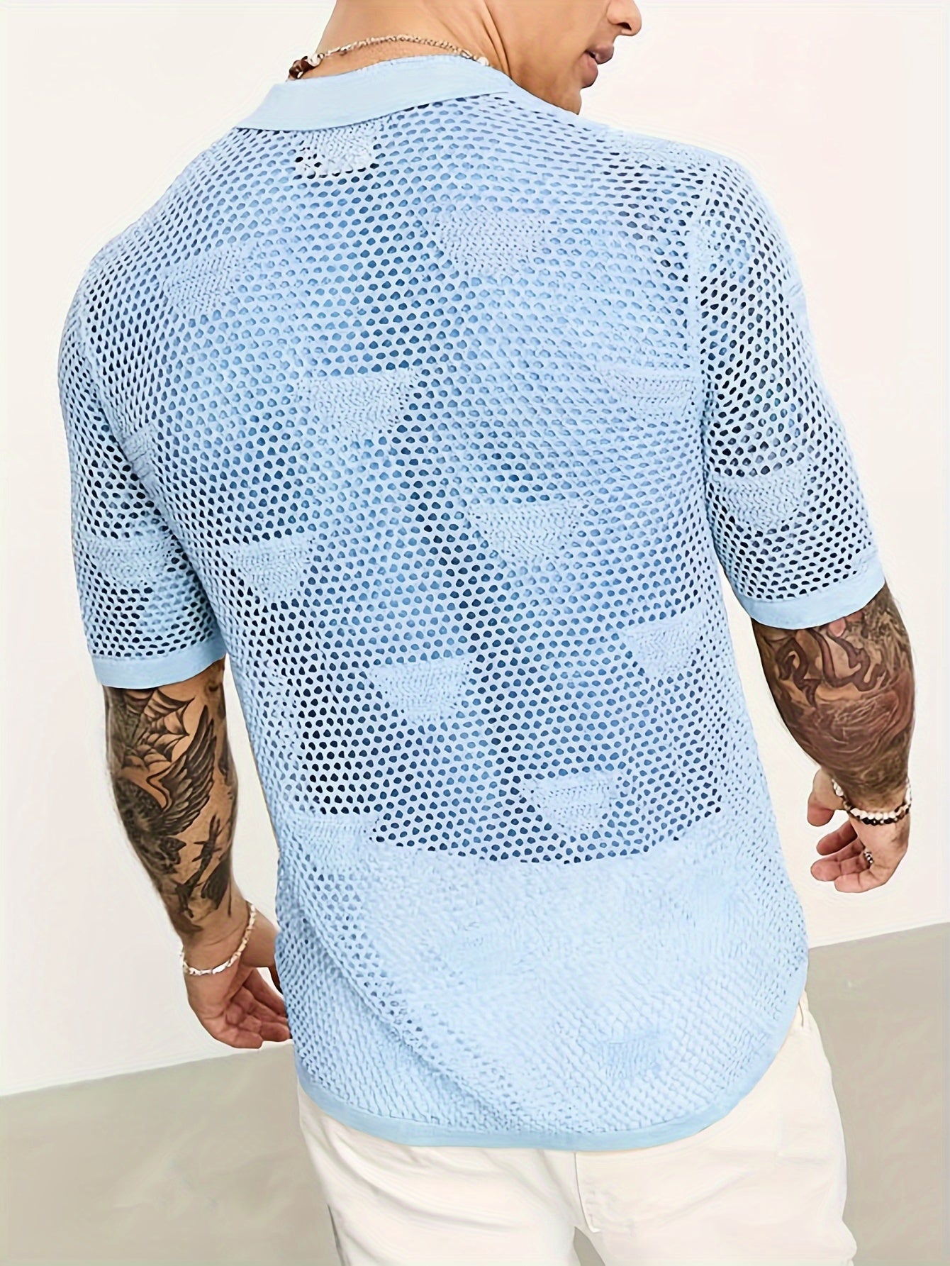 Fashion Men's See Through Breathable Short Sleeve Lapel Shirt, Men's Cotton Comfy Top For Summer Beach Party