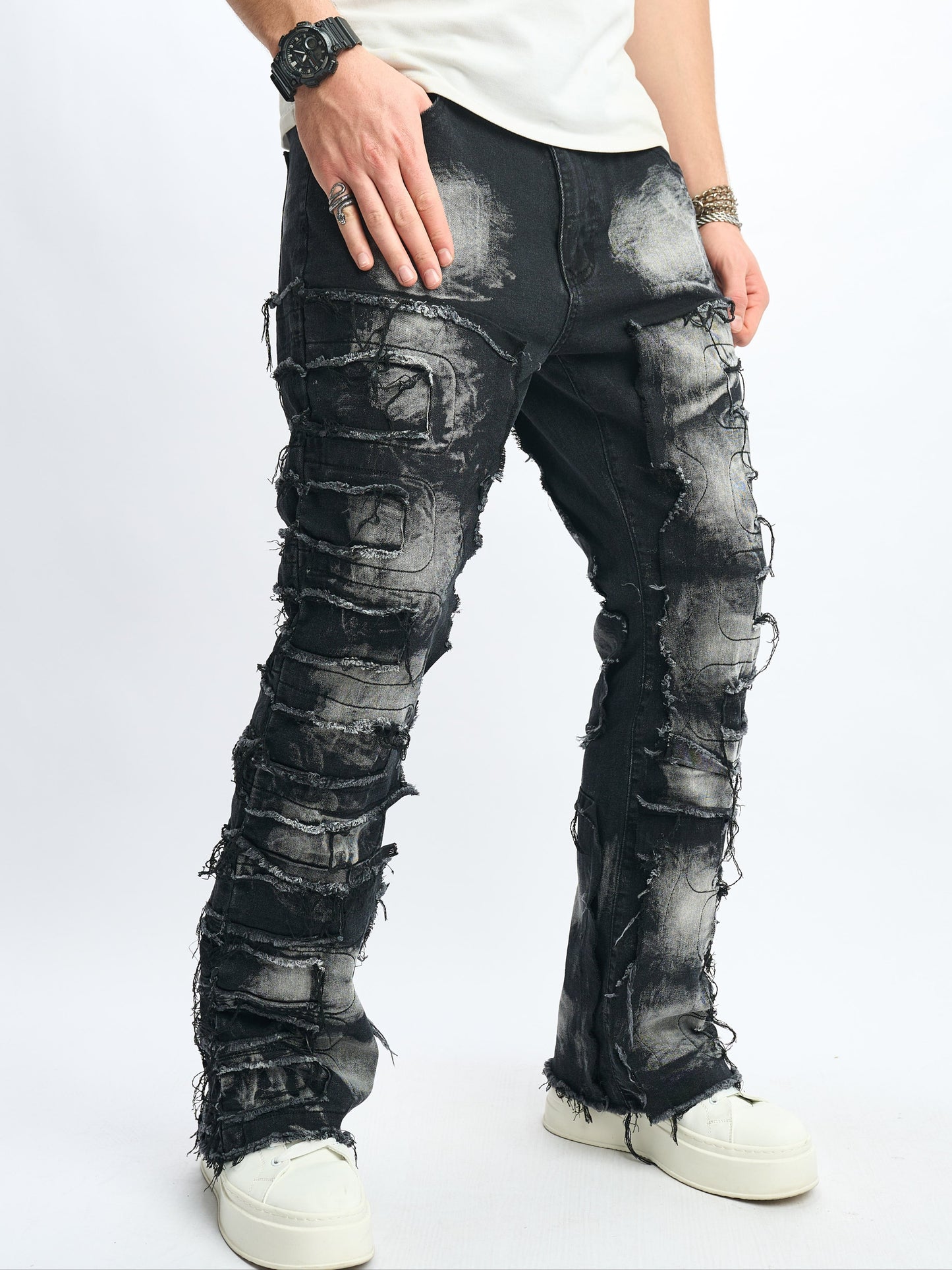 Men's Loose Fit Flares Jeans With Frayed Hem, Men's Stylish Comfy Denim Pants, Street Style Fashion