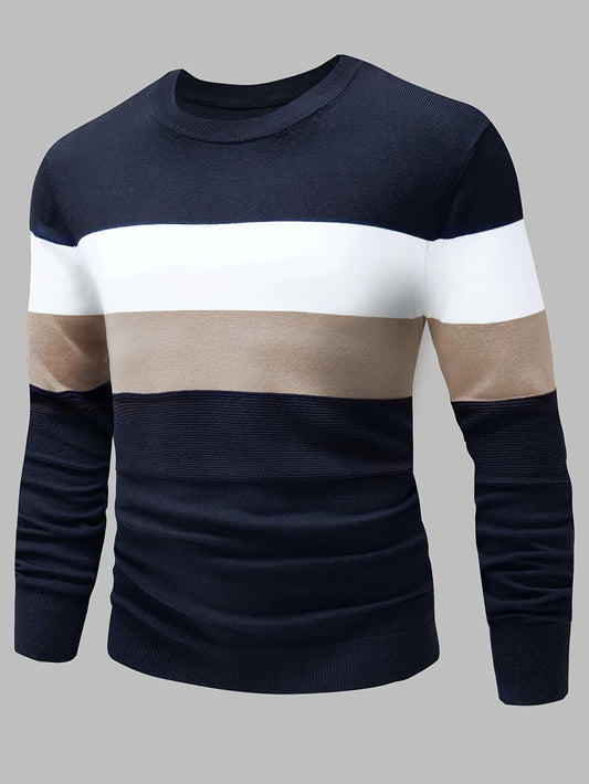 1pc, Men's Color Block Striped Knit Sweater With Crew Neck And Long Sleeves, Casual And Trendy Tops For Autumn And Winter Daily And Casual Wear