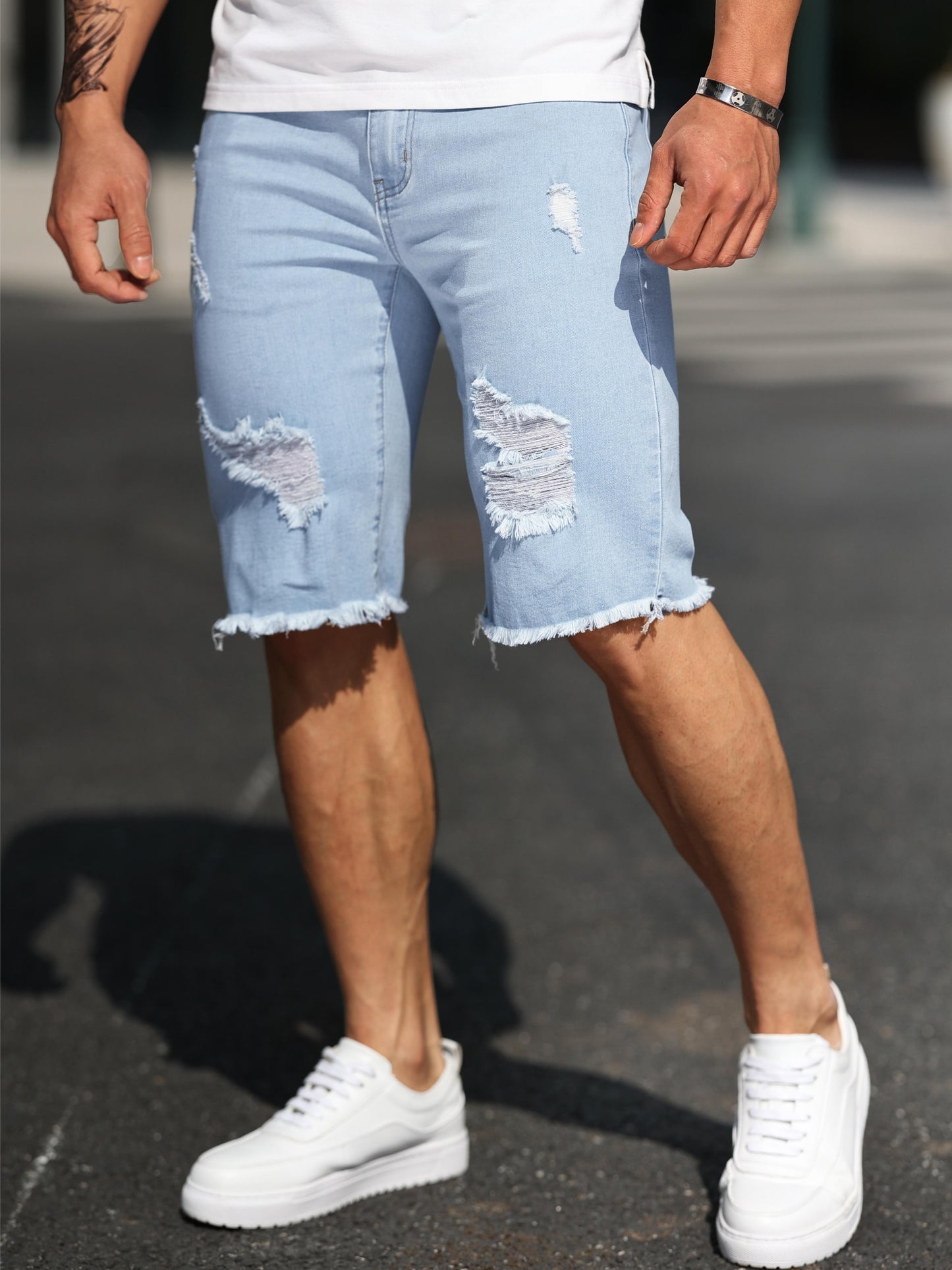 Mens Ripped Slim Fit Jorts - Soft Cotton Blend, Chic Street Style, Frayed Hem, Summer Bottoms, Comfortable, Breathable, and Stylish - Perfect for Casual Outdoor Activities